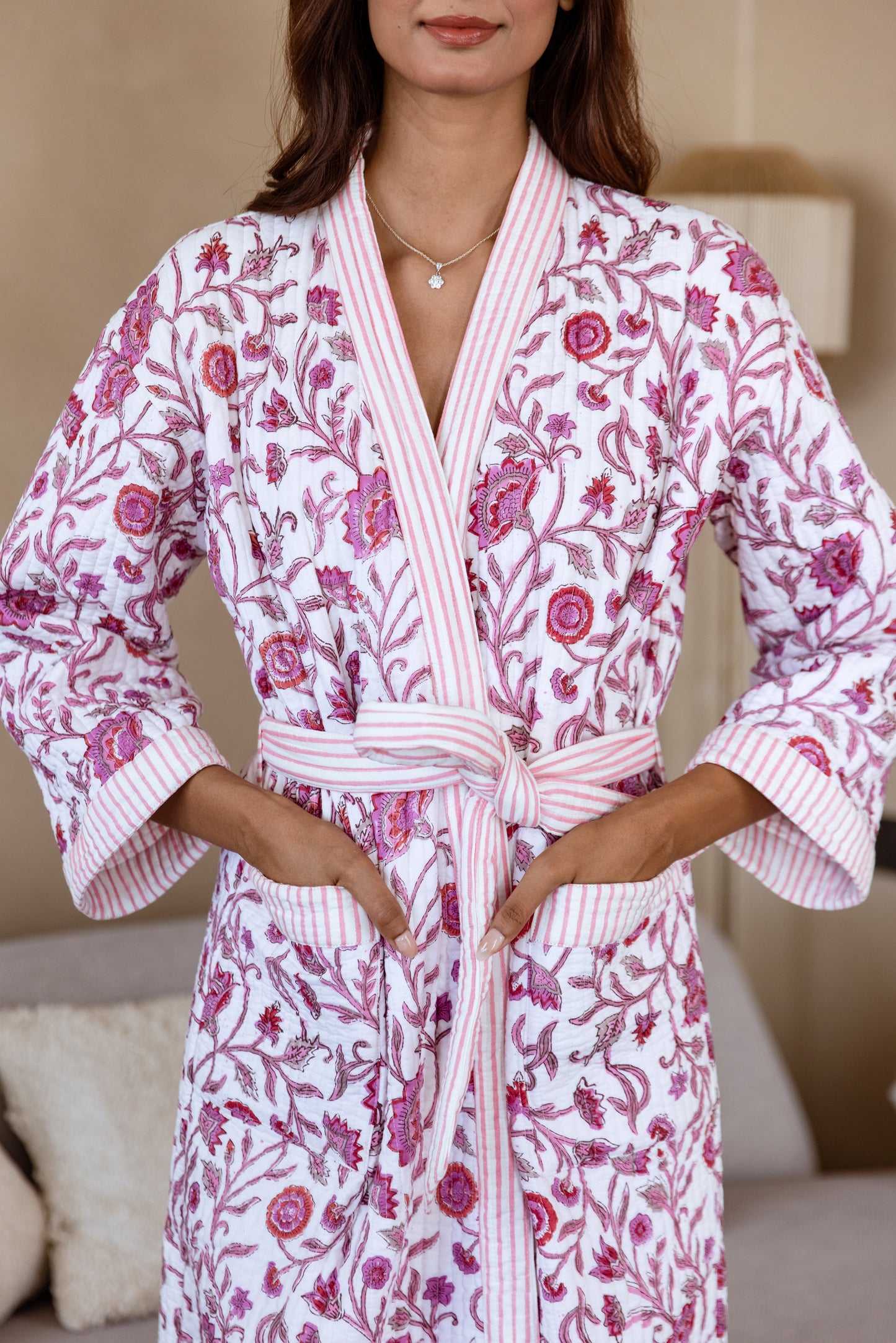 LUXURY QUILTED COTTON ROBE - PINK FLORAL VINE