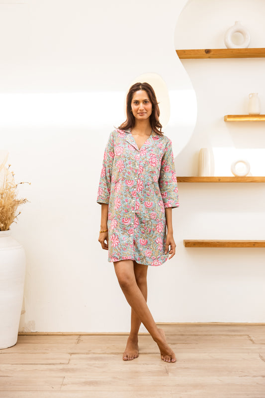 COTTON NIGHTSHIRT - SEA GREEN FLORAL