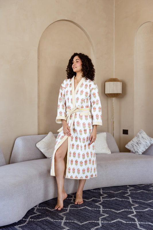 LUXURY QUILTED COTTON ROBE - MARIGOLD BLOOM