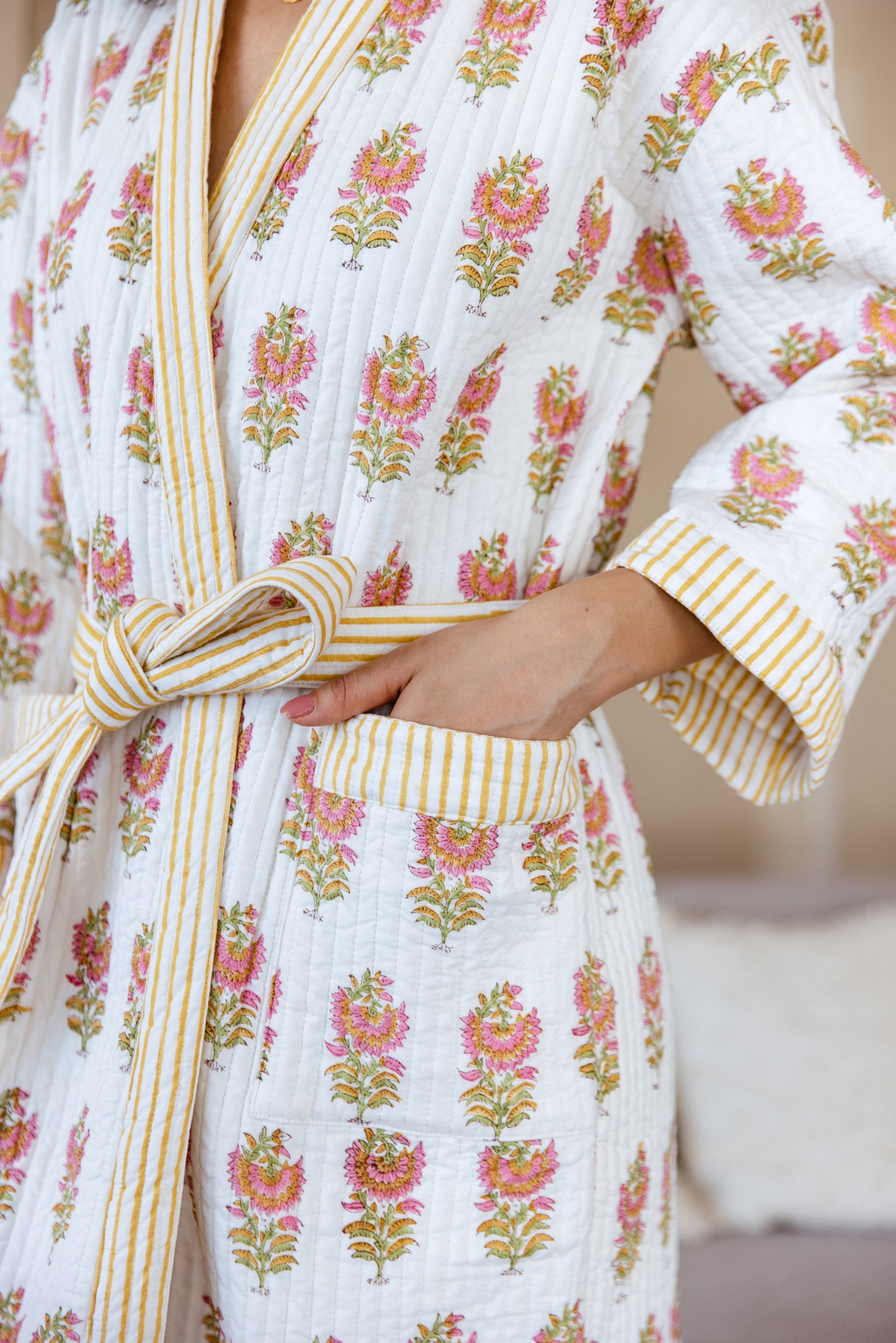 LUXURY QUILTED COTTON ROBE - MARIGOLD BLOOM