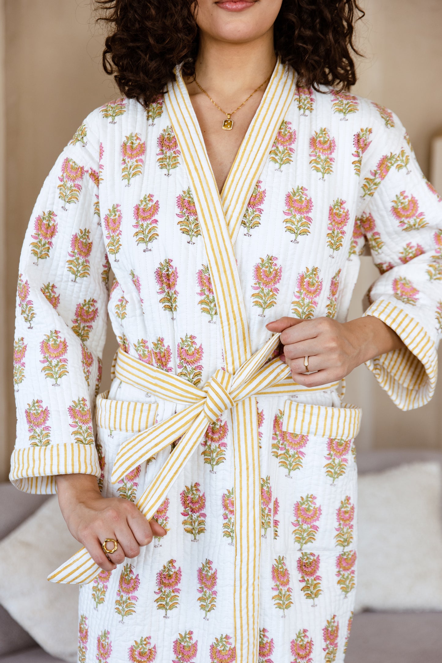LUXURY QUILTED COTTON ROBE - MARIGOLD BLOOM