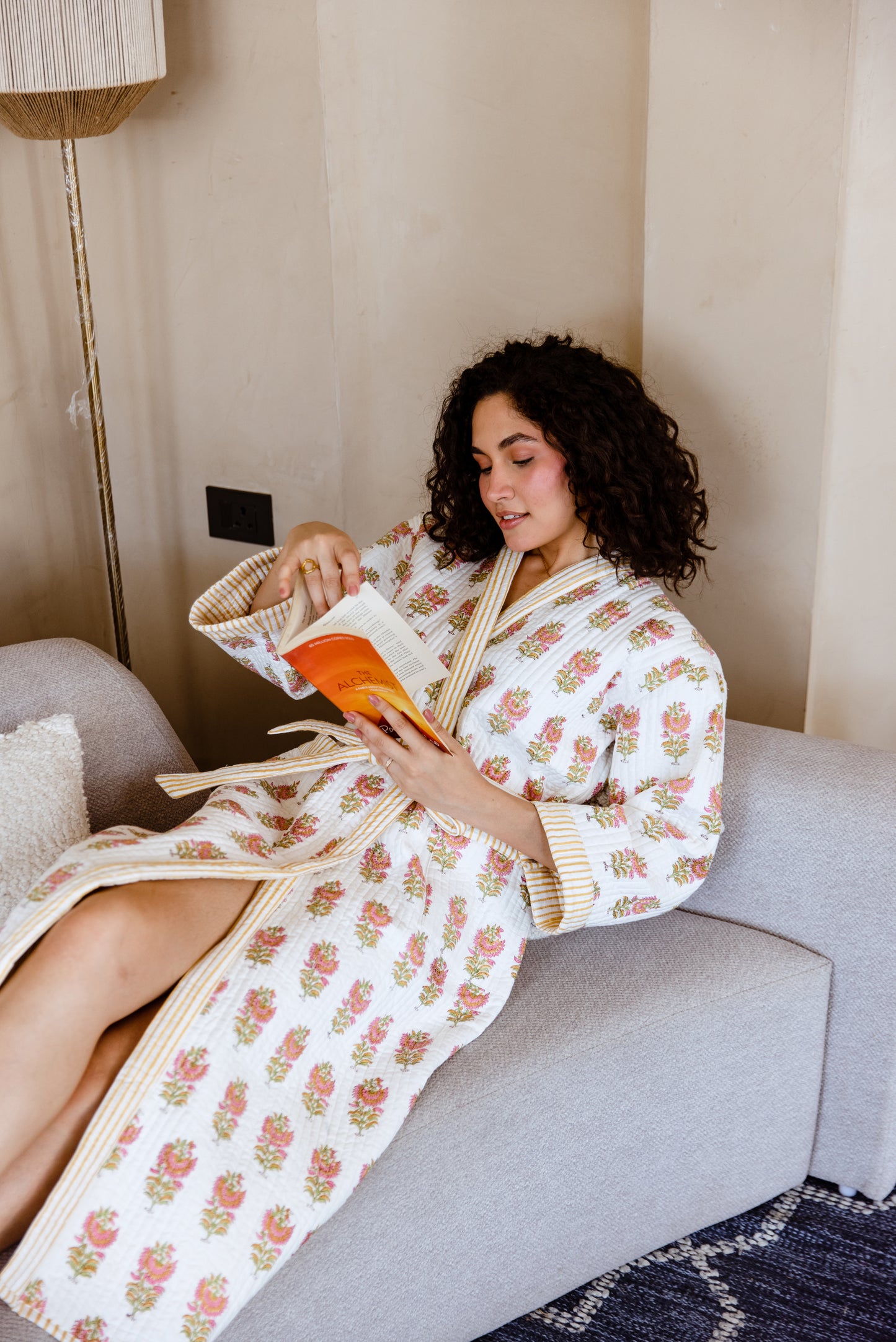 Luxury quilted cotton robe in marigold bloom print.