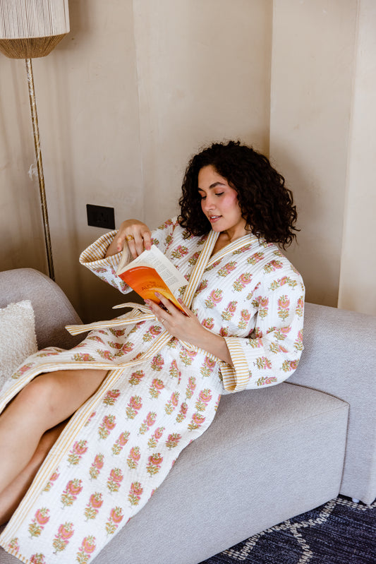 LUXURY QUILTED COTTON ROBE - MARIGOLD BLOOM