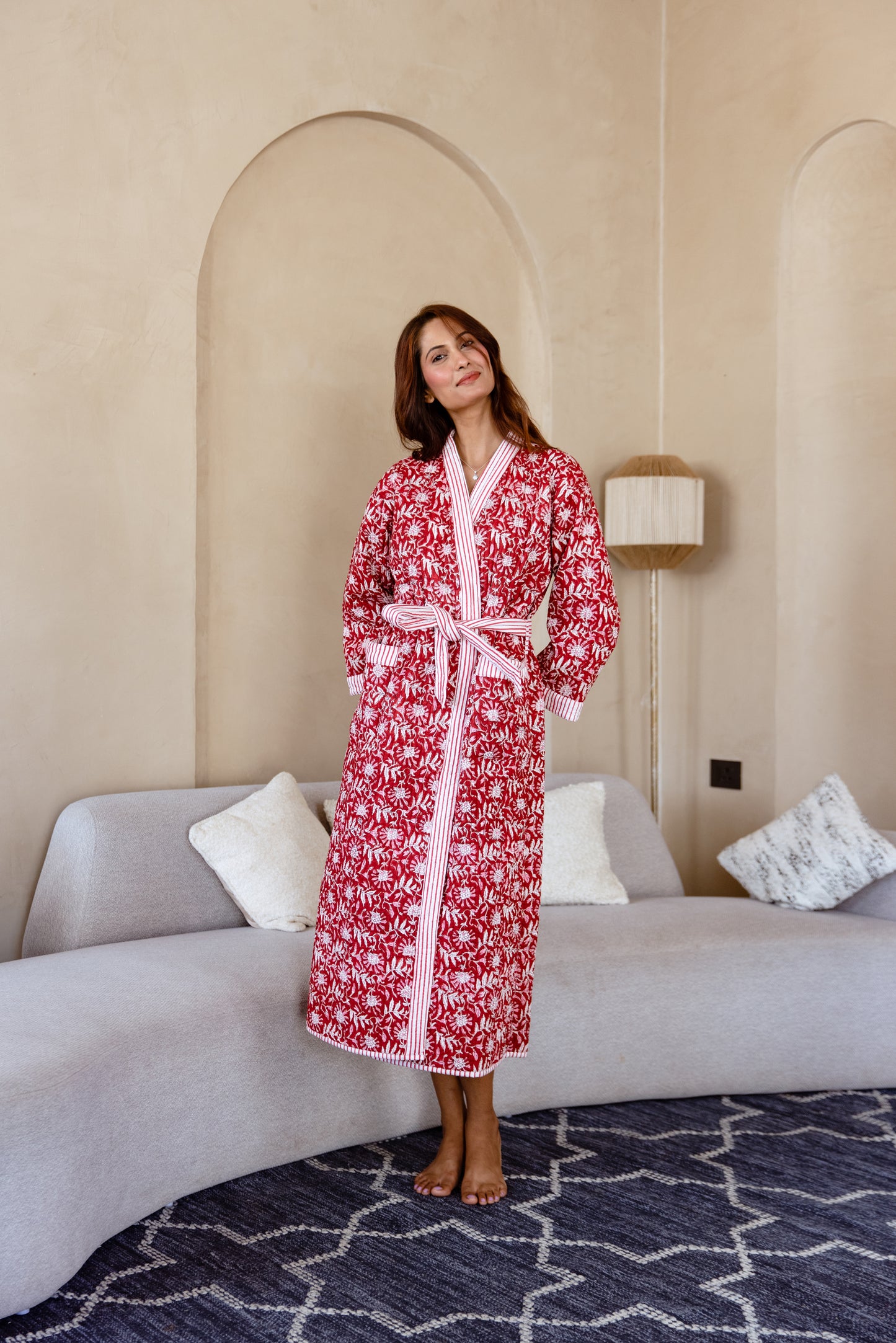 LUXURY QUILTED COTTON ROBE - RED FLORAL VINE