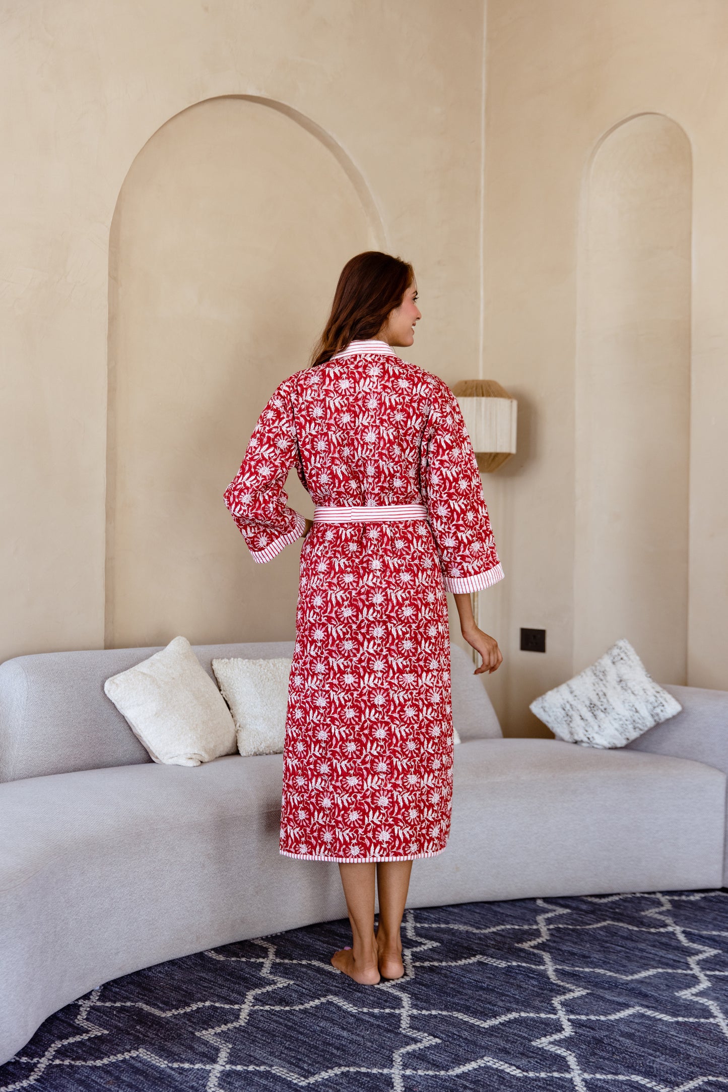 LUXURY QUILTED COTTON ROBE - RED FLORAL VINE