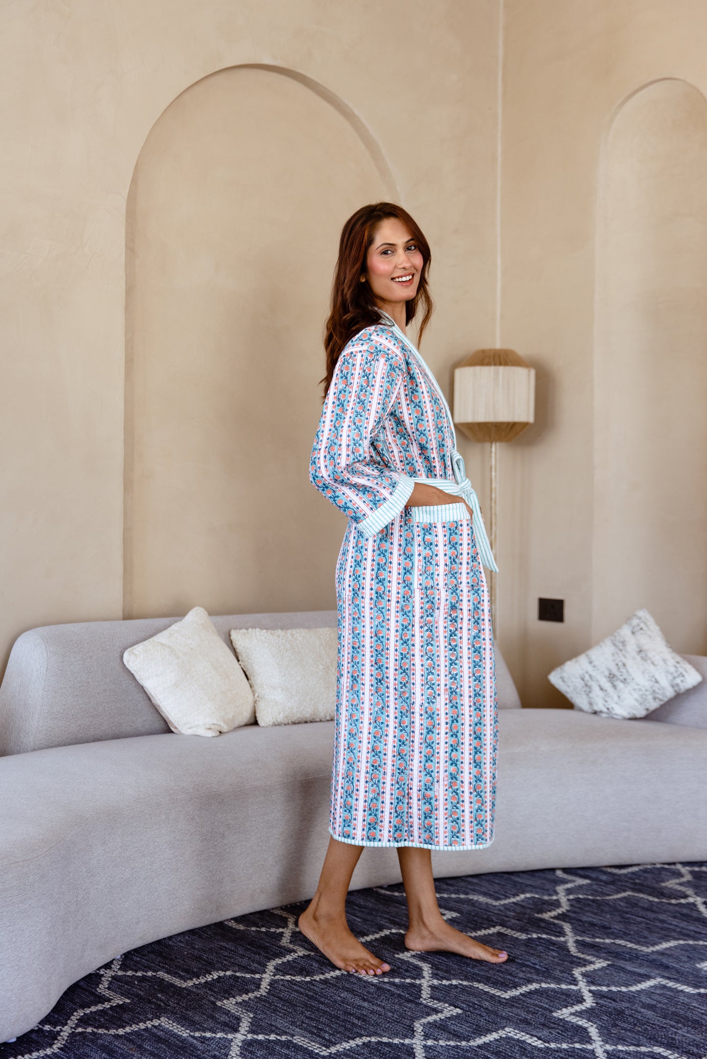 LUXURY QUILTED COTTON ROBE - AQUA FLORAL STRIPE