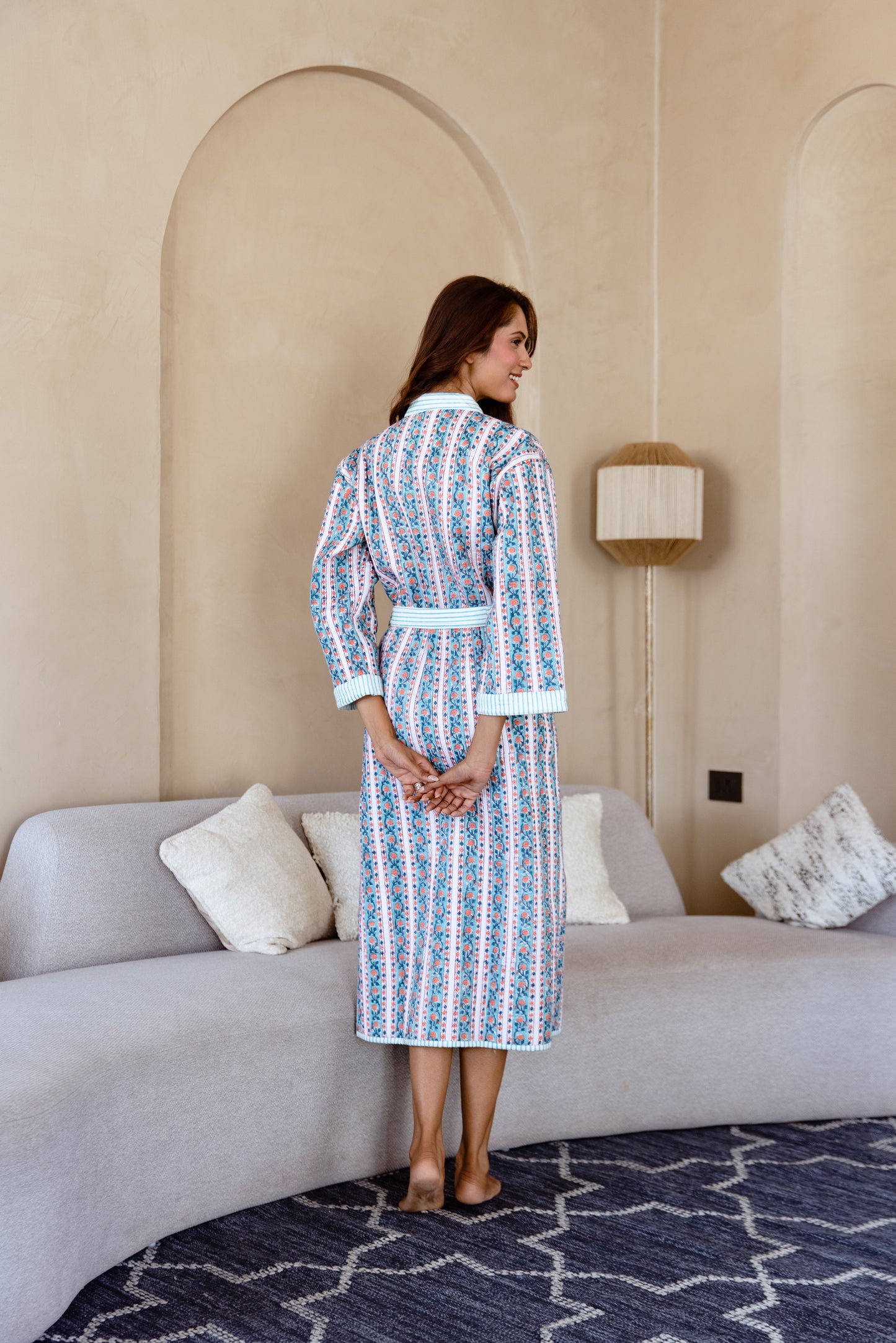 LUXURY QUILTED COTTON ROBE - AQUA FLORAL STRIPE