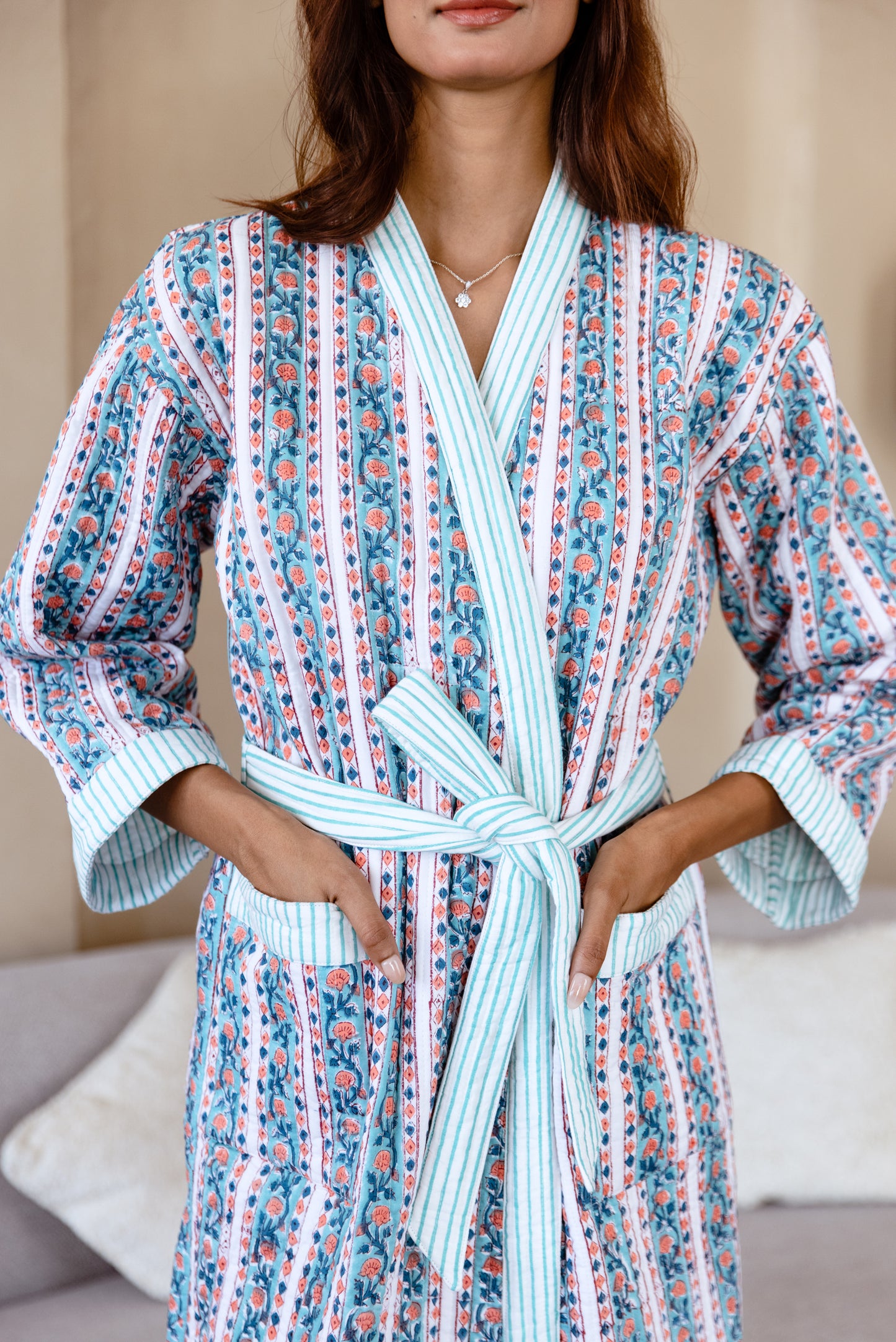 LUXURY QUILTED COTTON ROBE - AQUA FLORAL STRIPE