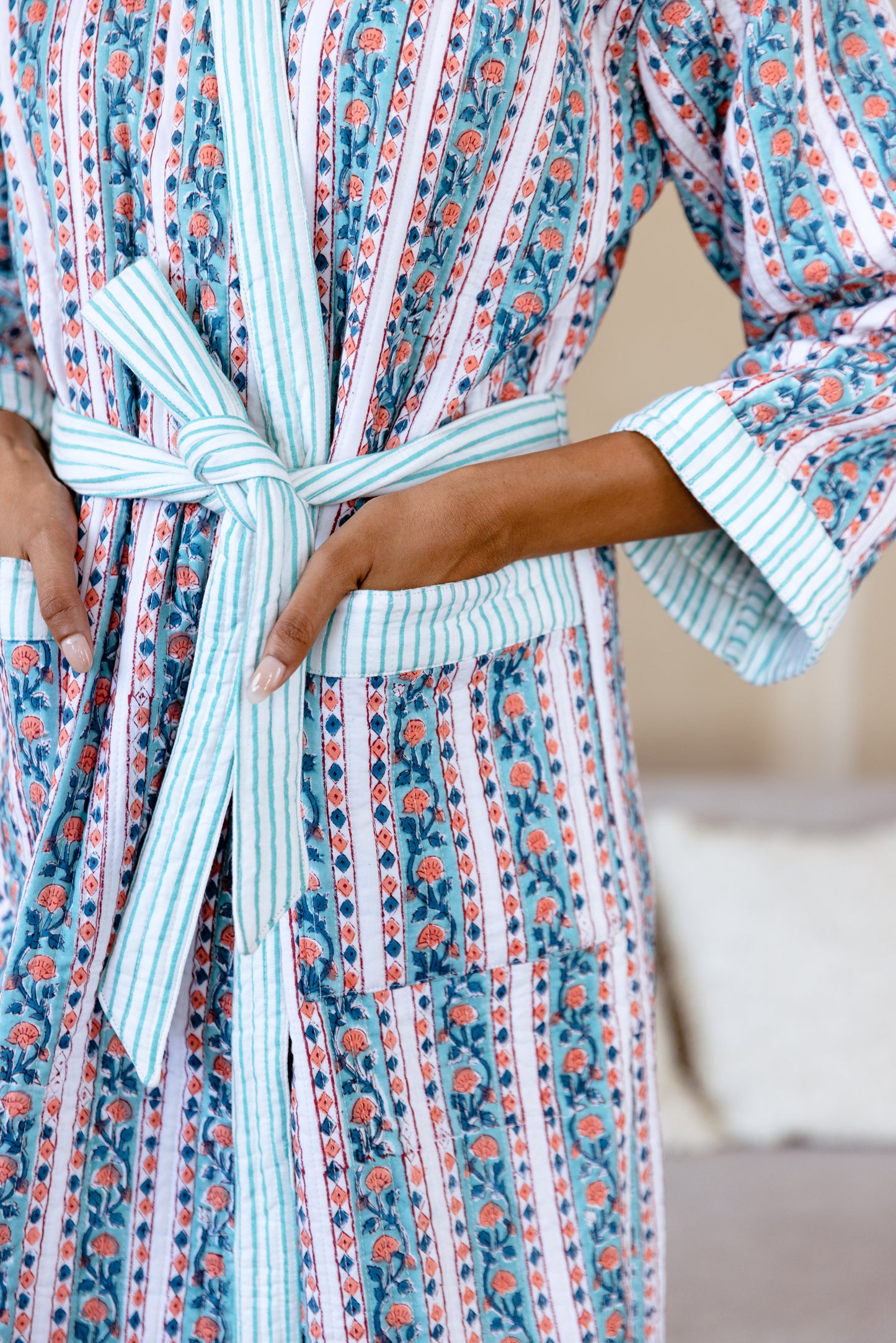 LUXURY QUILTED COTTON ROBE - AQUA FLORAL STRIPE