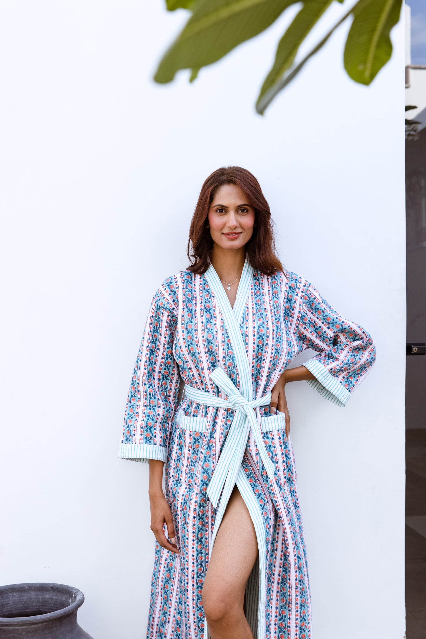LUXURY QUILTED COTTON ROBE - AQUA FLORAL STRIPE
