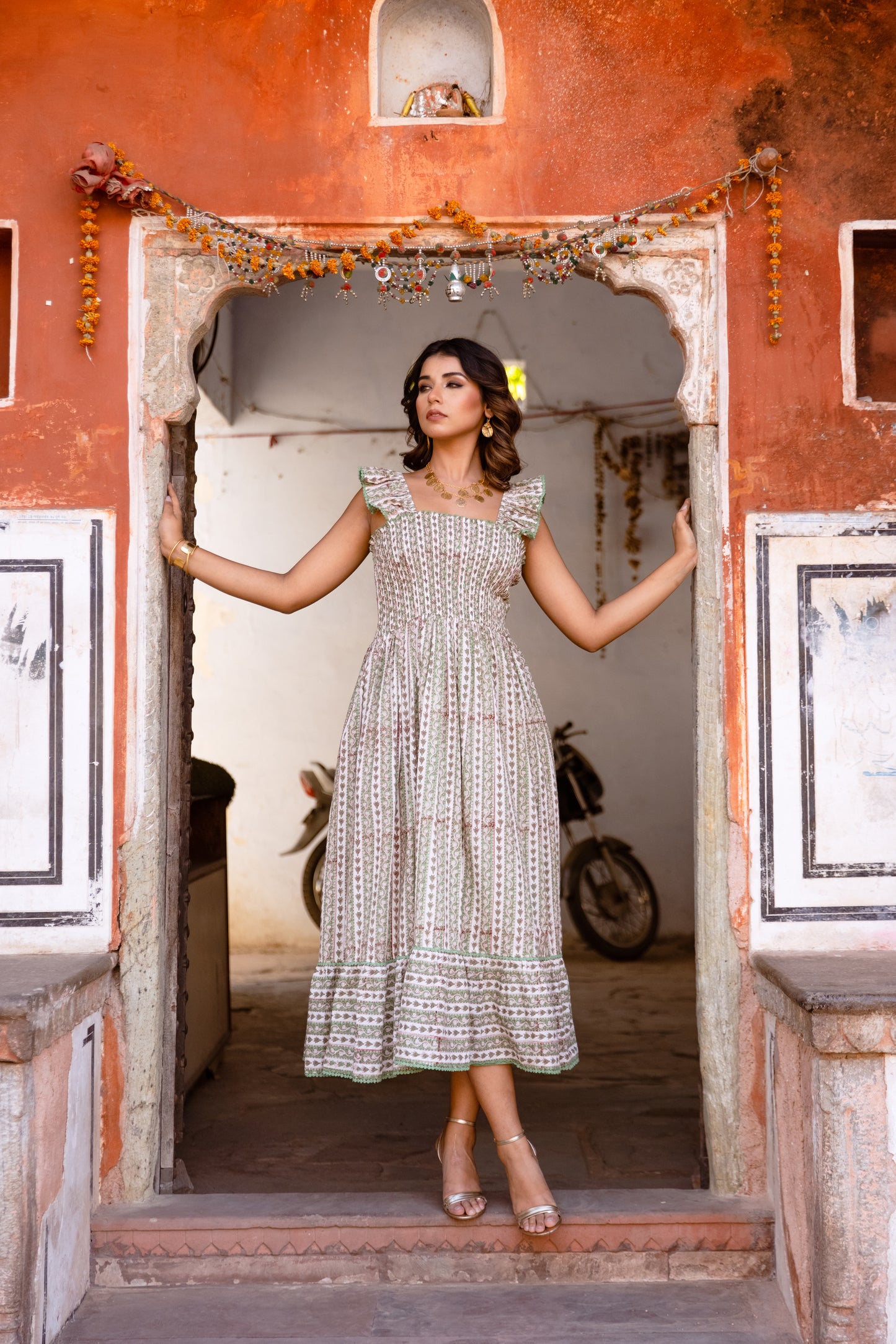 SIENNA SMOCKED MIDI DRESS - SAGE VINE