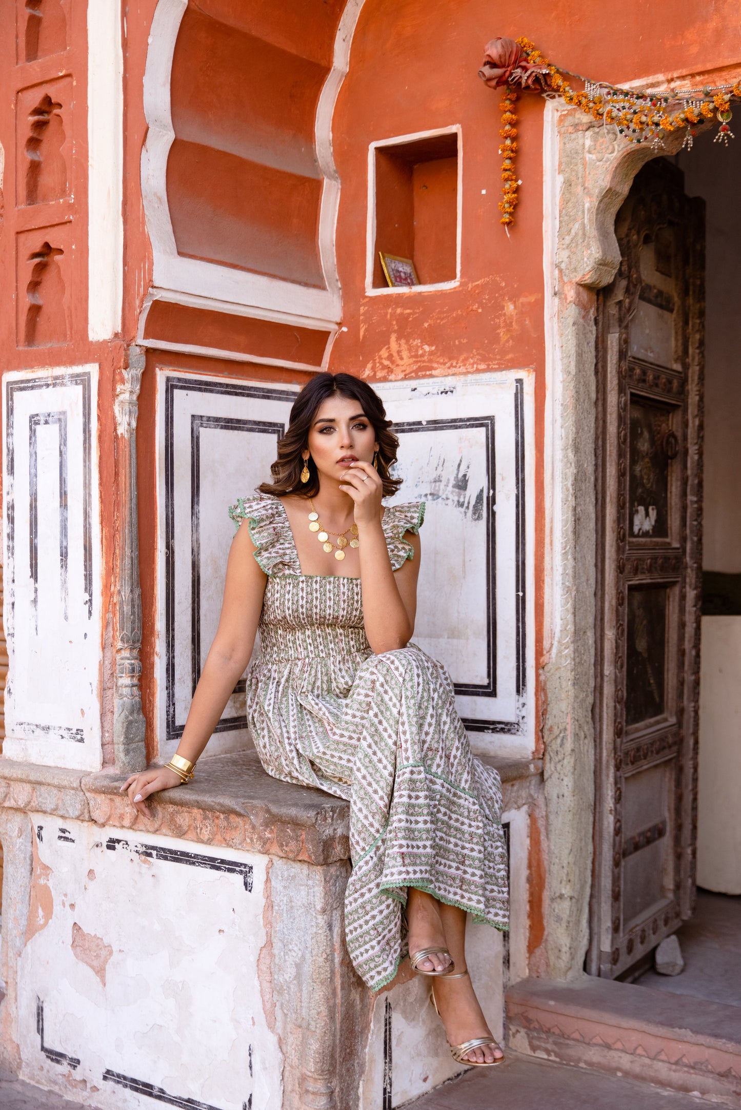 SIENNA SMOCKED MIDI DRESS - SAGE VINE
