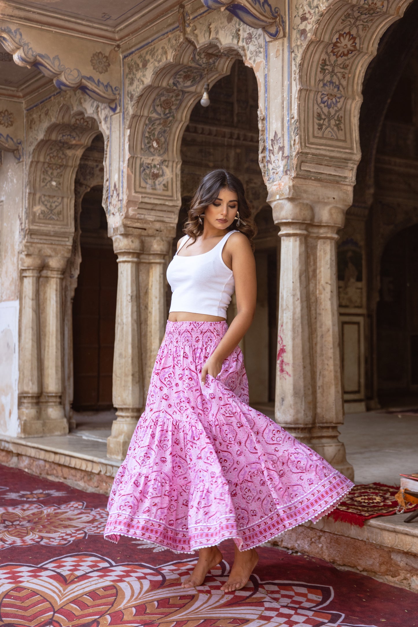 Flowing pink block print long skirt in lightweight Indian cotton