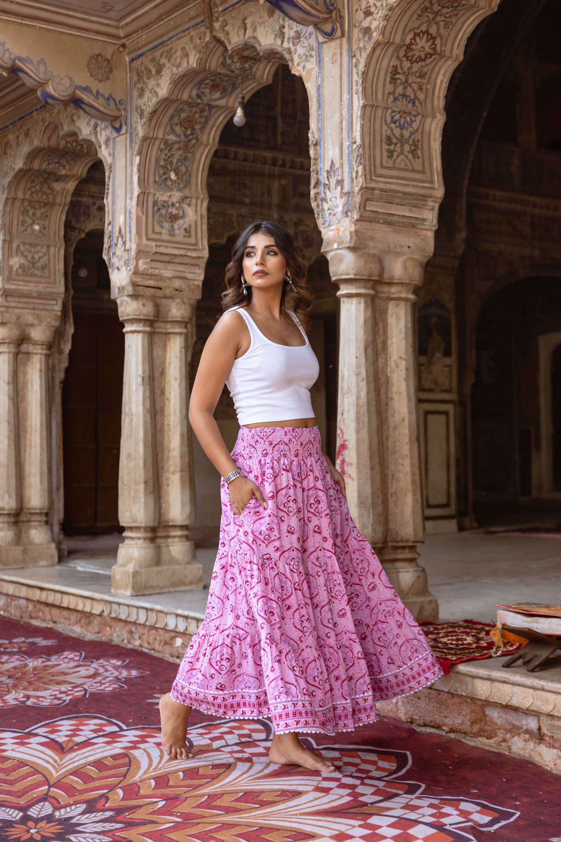 Full-length view of pink floral cotton maxi skirt for women