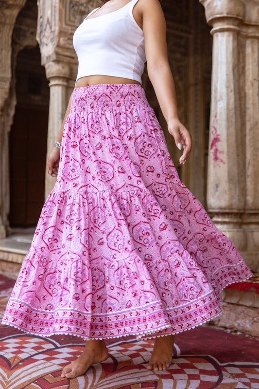 Pink floral block print cotton maxi skirt with tiered silhouette