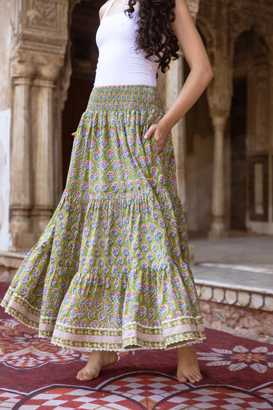Parrot green floral block print cotton maxi skirt with tiered silhouette