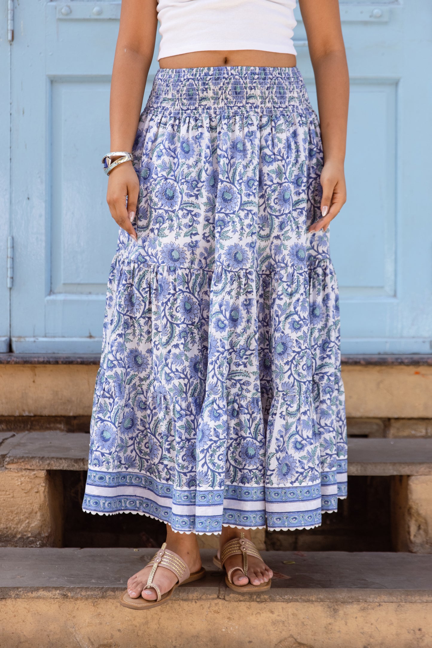 blue floral cotton maxi skirt