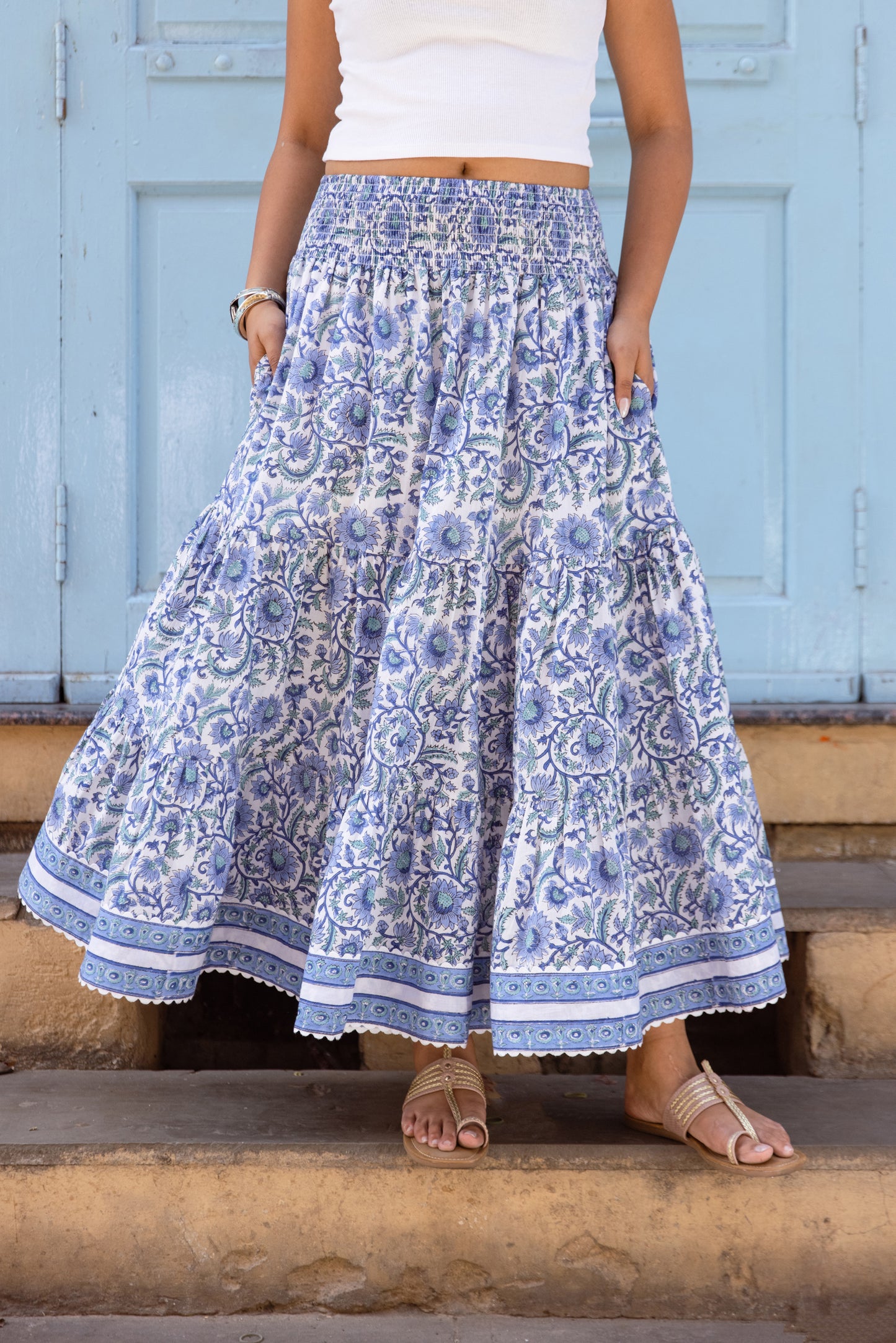 Azure blue block print cotton maxi skirt with tiered silhouette