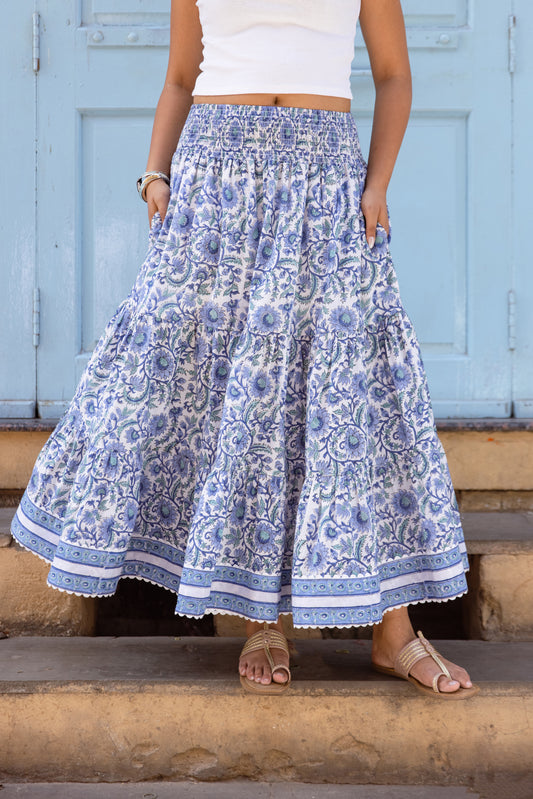 Azure blue block print cotton maxi skirt with tiered silhouette