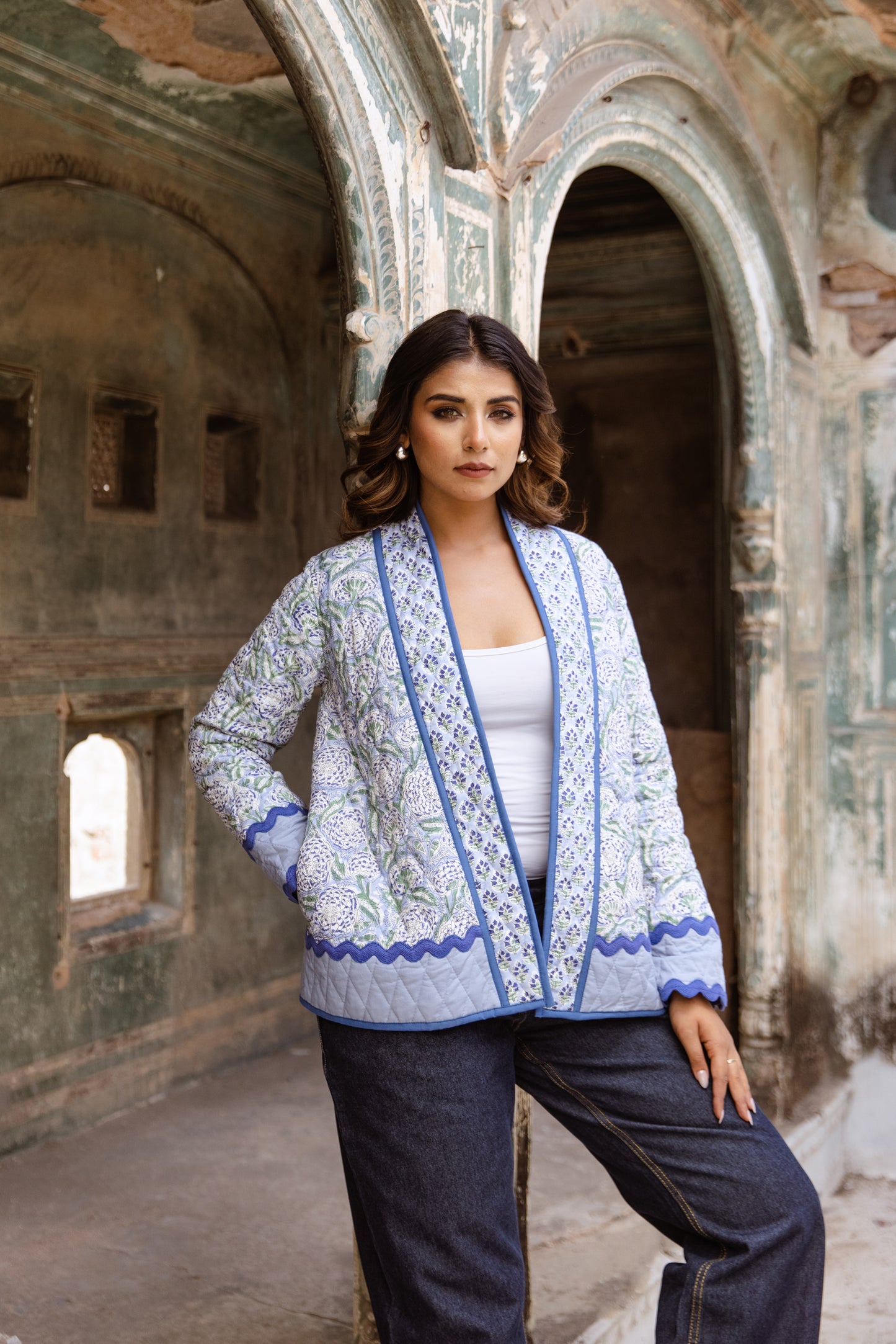 QUILTED COTTON JACKET - CORNFLOWER BLUE