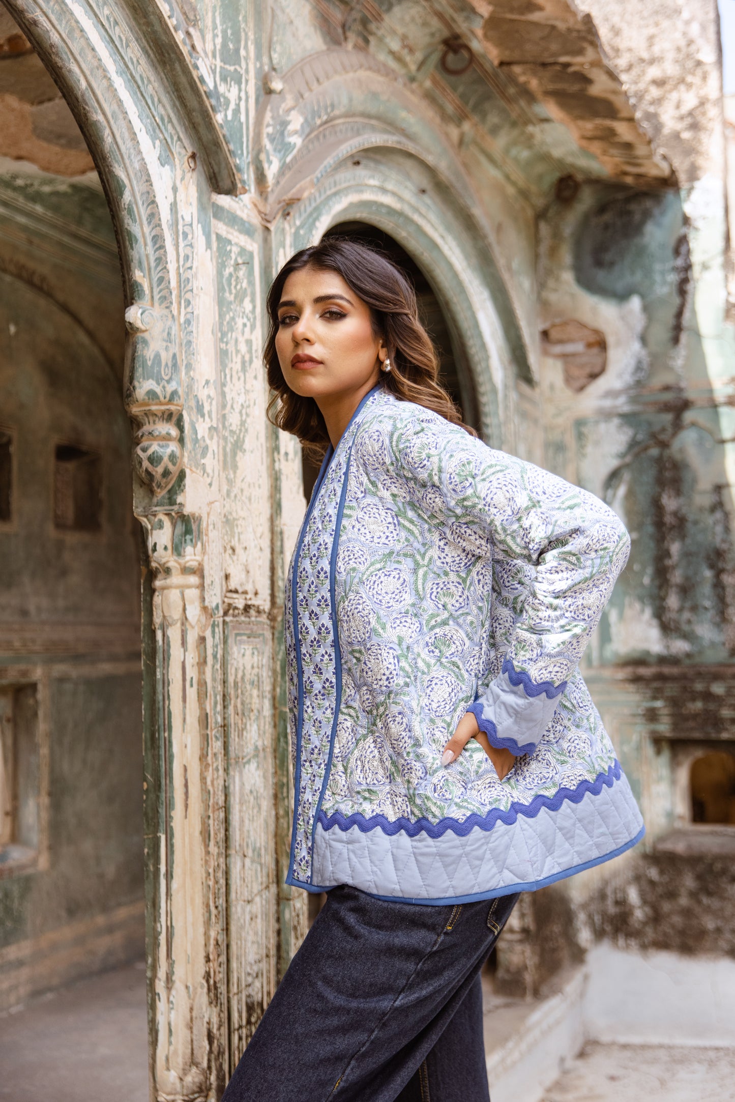 QUILTED COTTON JACKET - CORNFLOWER BLUE