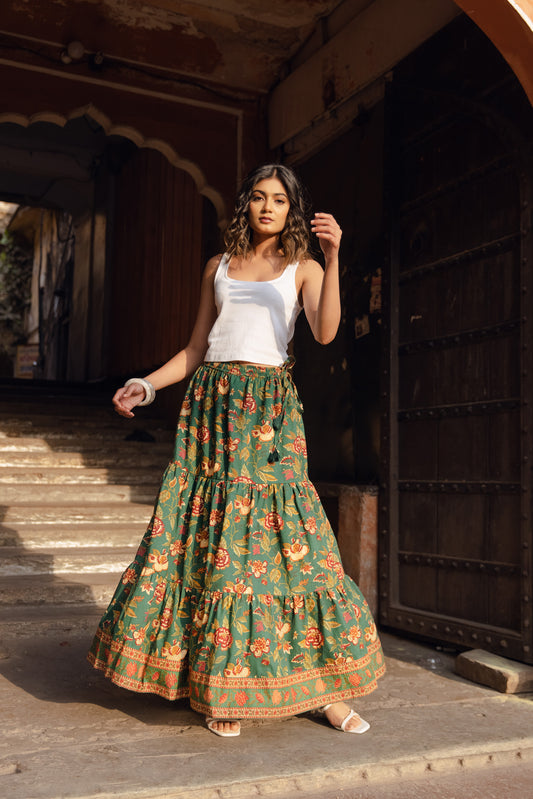 LARA BLOCK PRINT COTTON SKIRT IN FOREST BLOOM