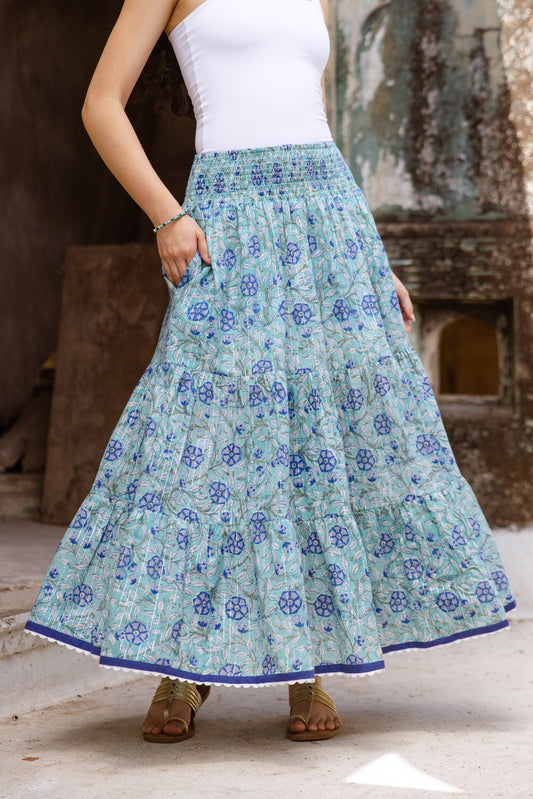 Aqua blue block print cotton maxi skirt with tiered silhouette