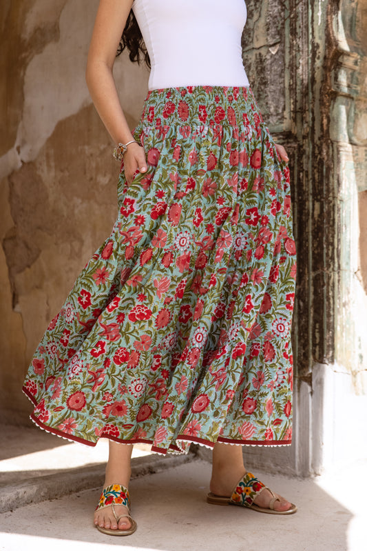 Turquoise and red floral block print cotton maxi skirt with tiered silhouette