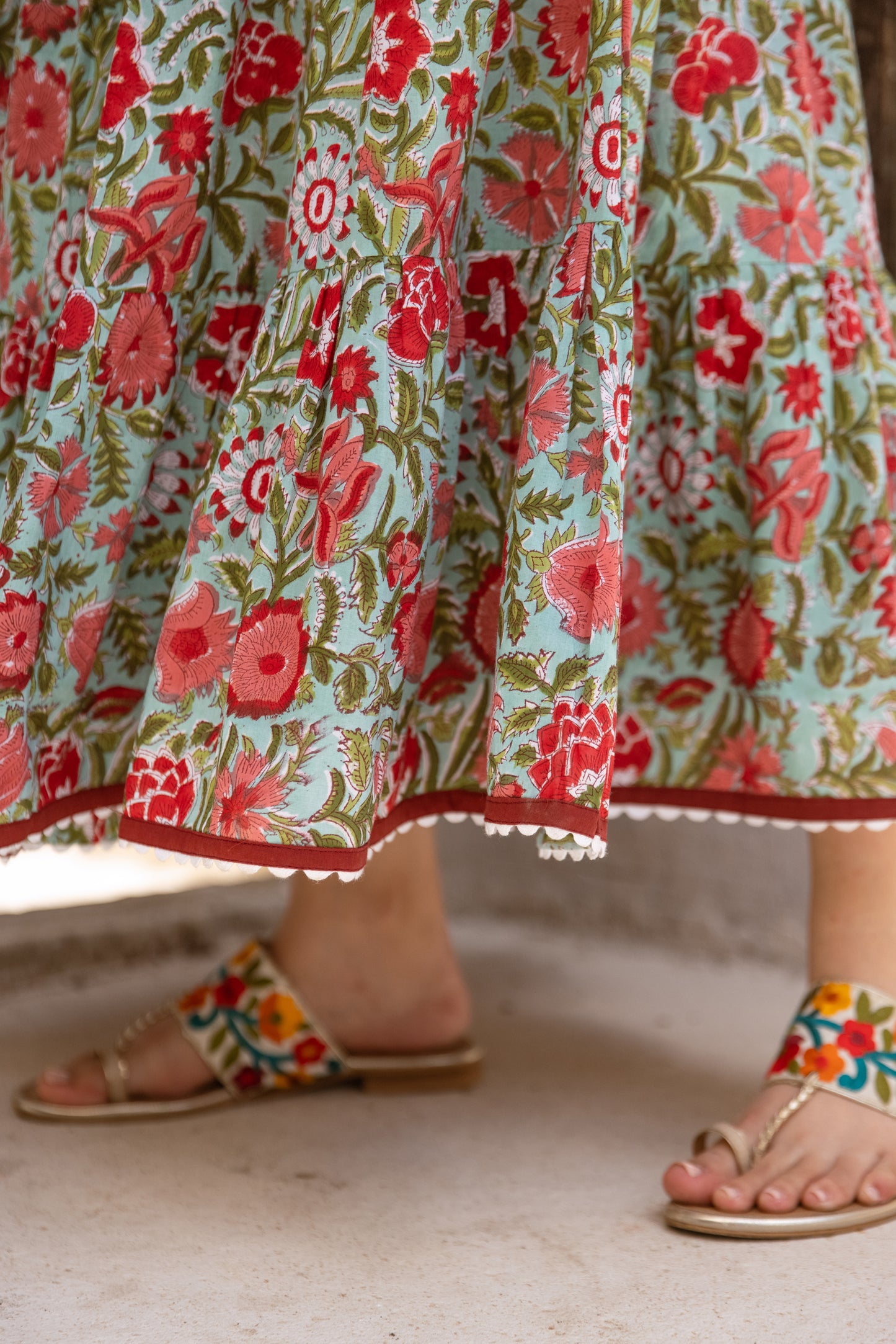Close-up of floral border on block print tiered maxi skirt