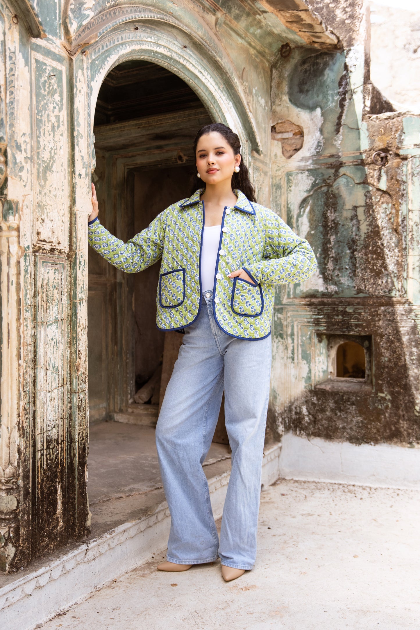 QUILTED COTTON BOMBER JACKET - APPLE GREEN