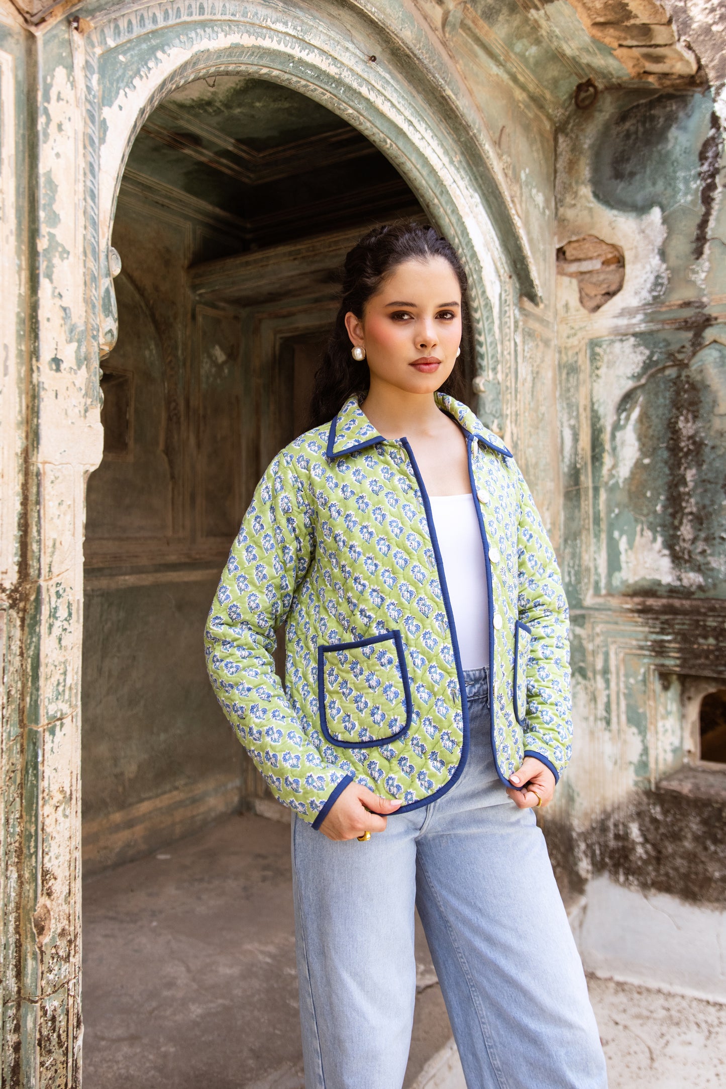 QUILTED COTTON BOMBER JACKET - APPLE GREEN