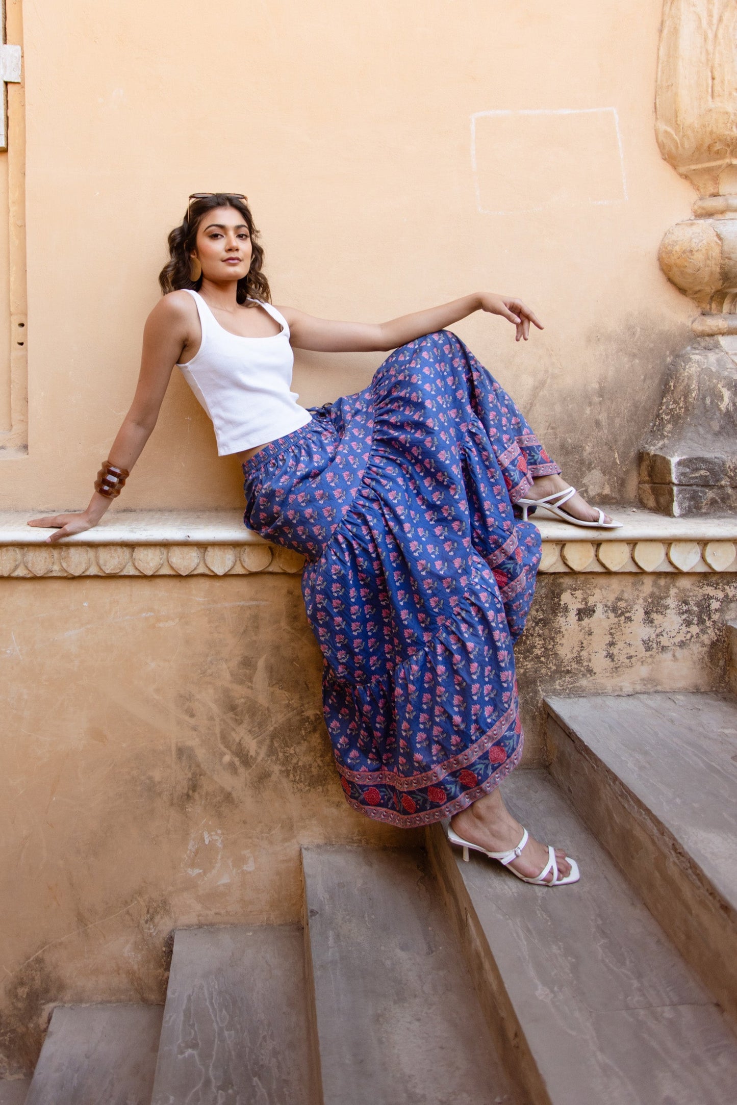 LARA BLOCK PRINT COTTON SKIRT IN JODHPUR BLUE