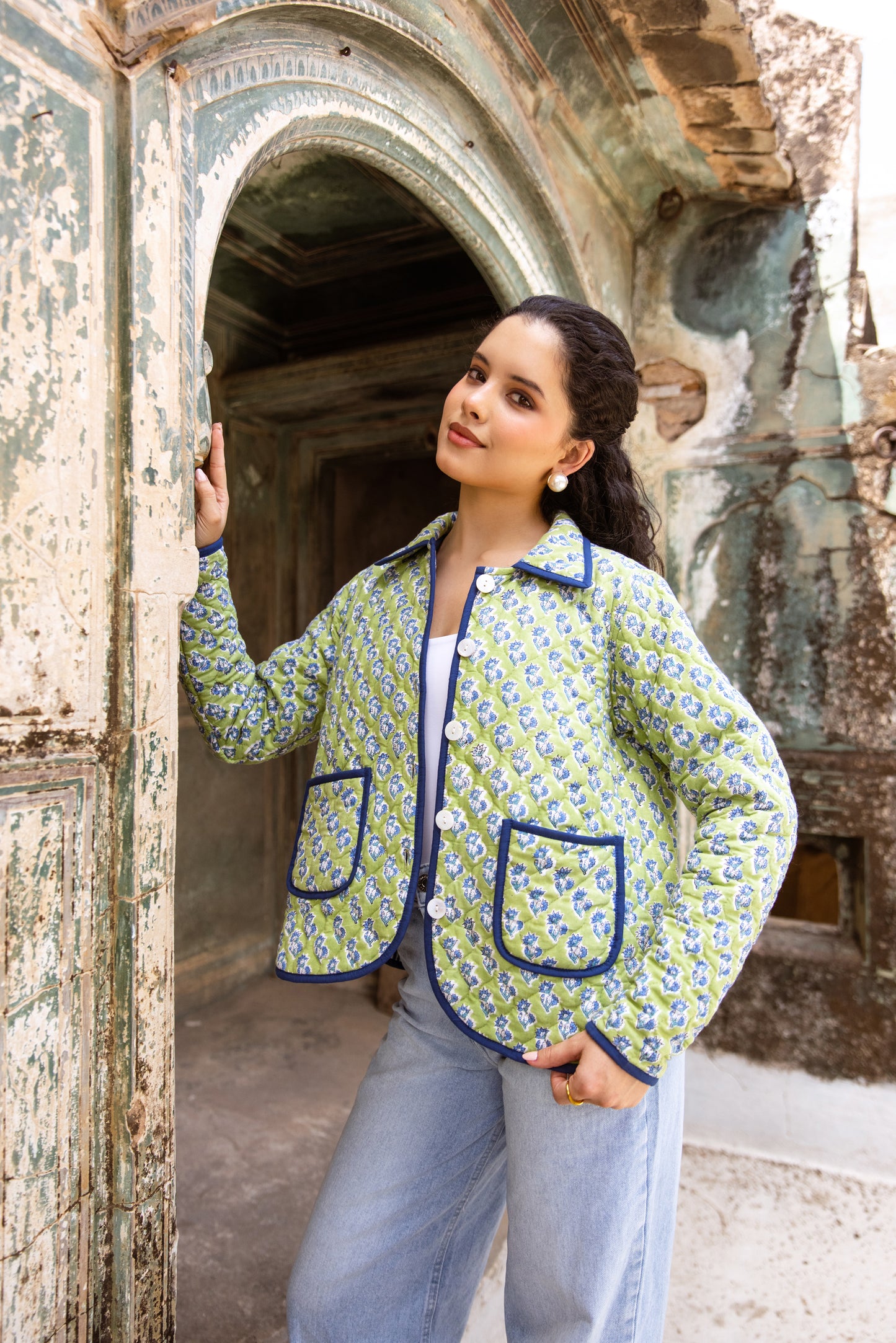 QUILTED COTTON BOMBER JACKET - APPLE GREEN