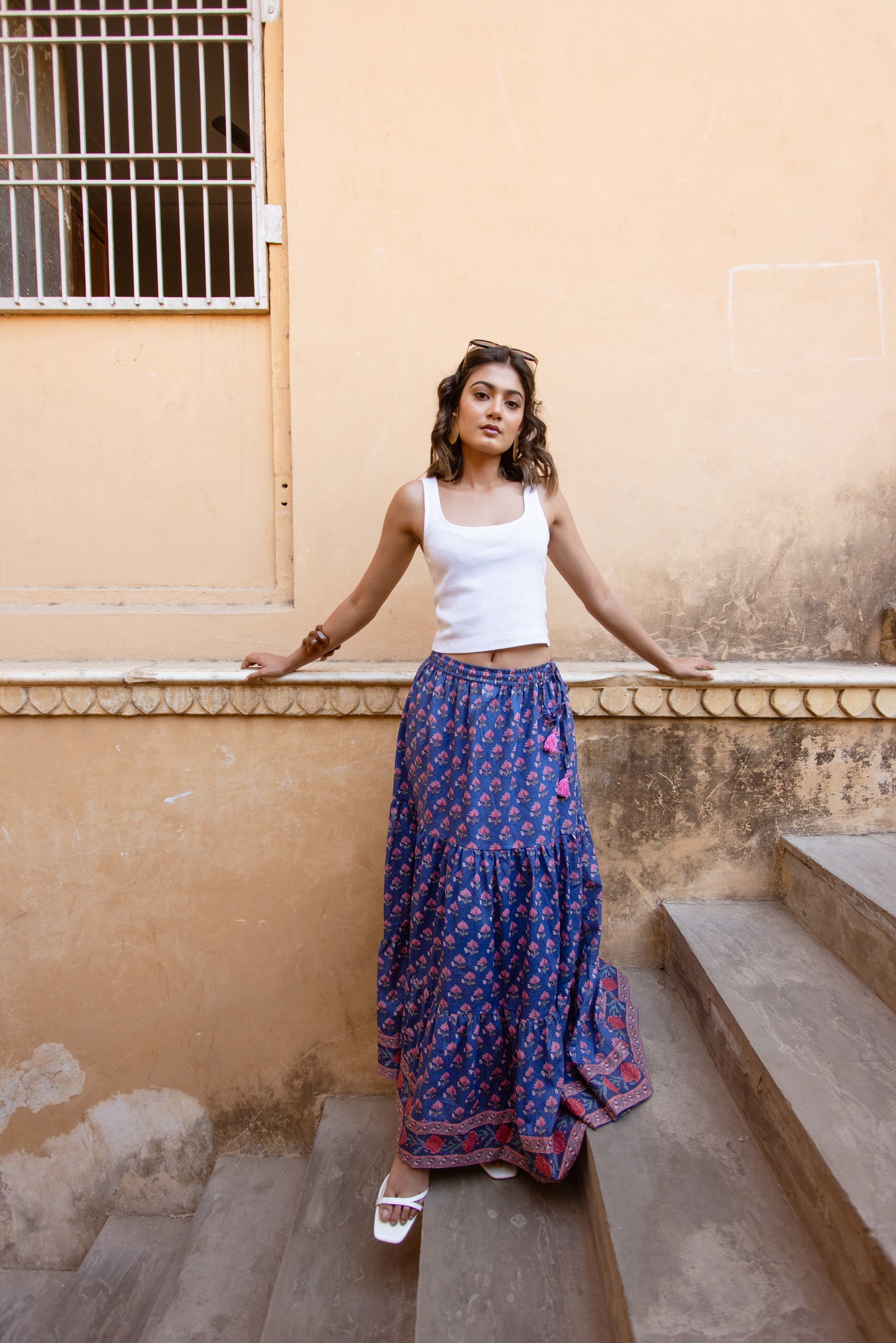 LARA BLOCK PRINT COTTON SKIRT IN JODHPUR BLUE