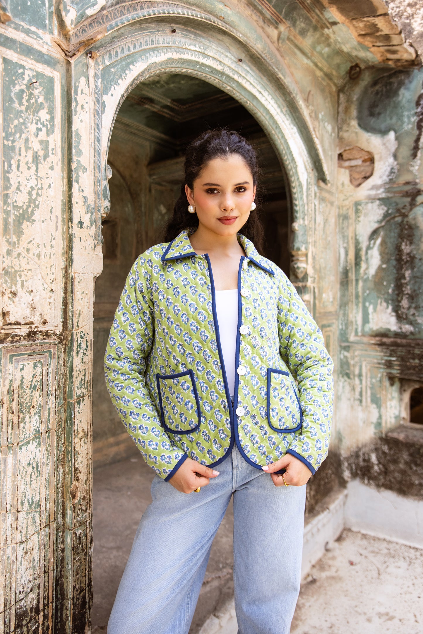 QUILTED COTTON BOMBER JACKET - APPLE GREEN