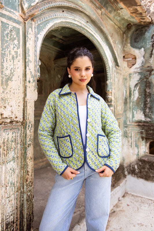 QUILTED COTTON BOMBER JACKET - APPLE GREEN