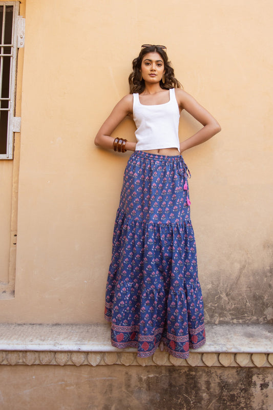 LARA BLOCK PRINT COTTON SKIRT IN JODHPUR BLUE