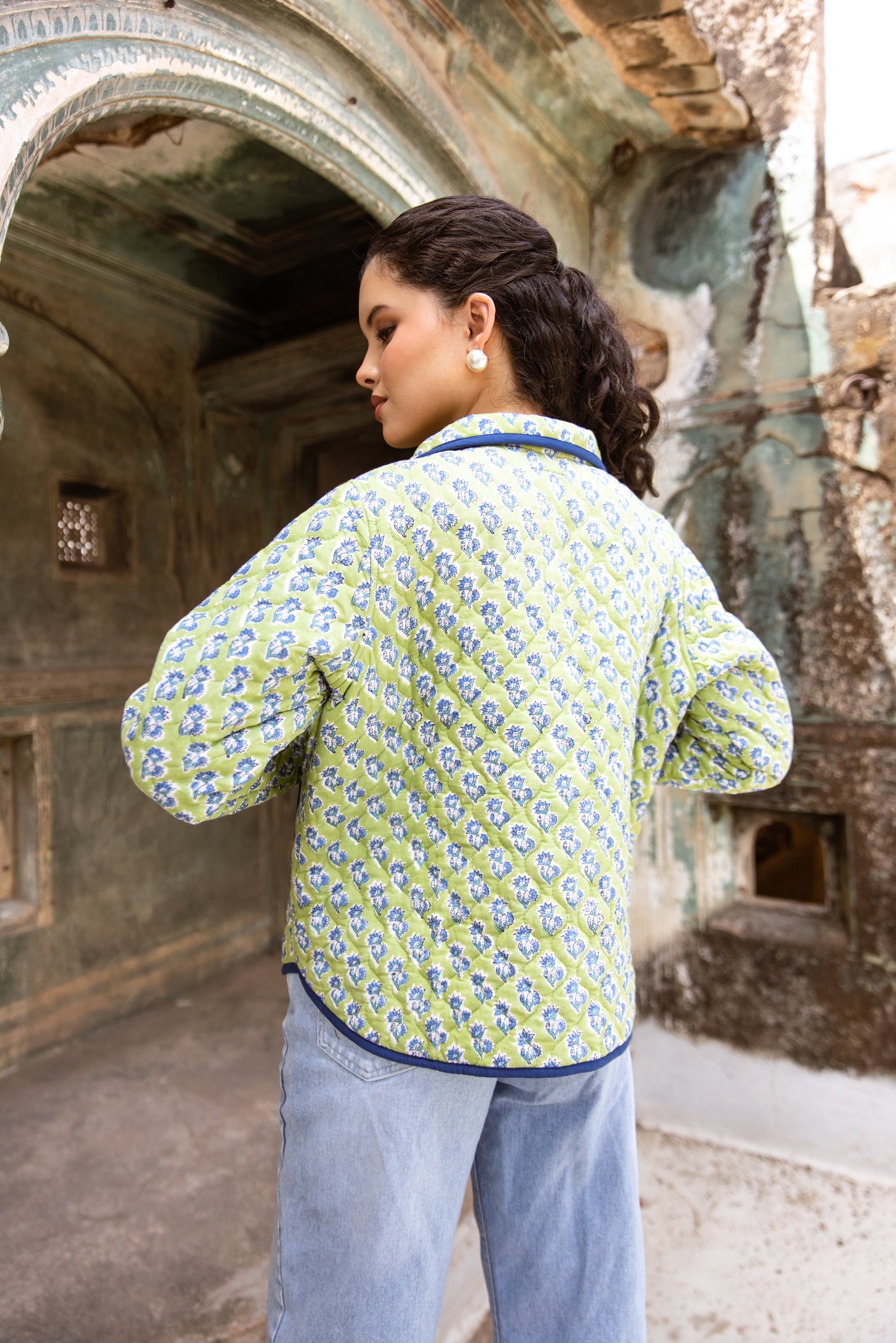 QUILTED COTTON BOMBER JACKET - APPLE GREEN