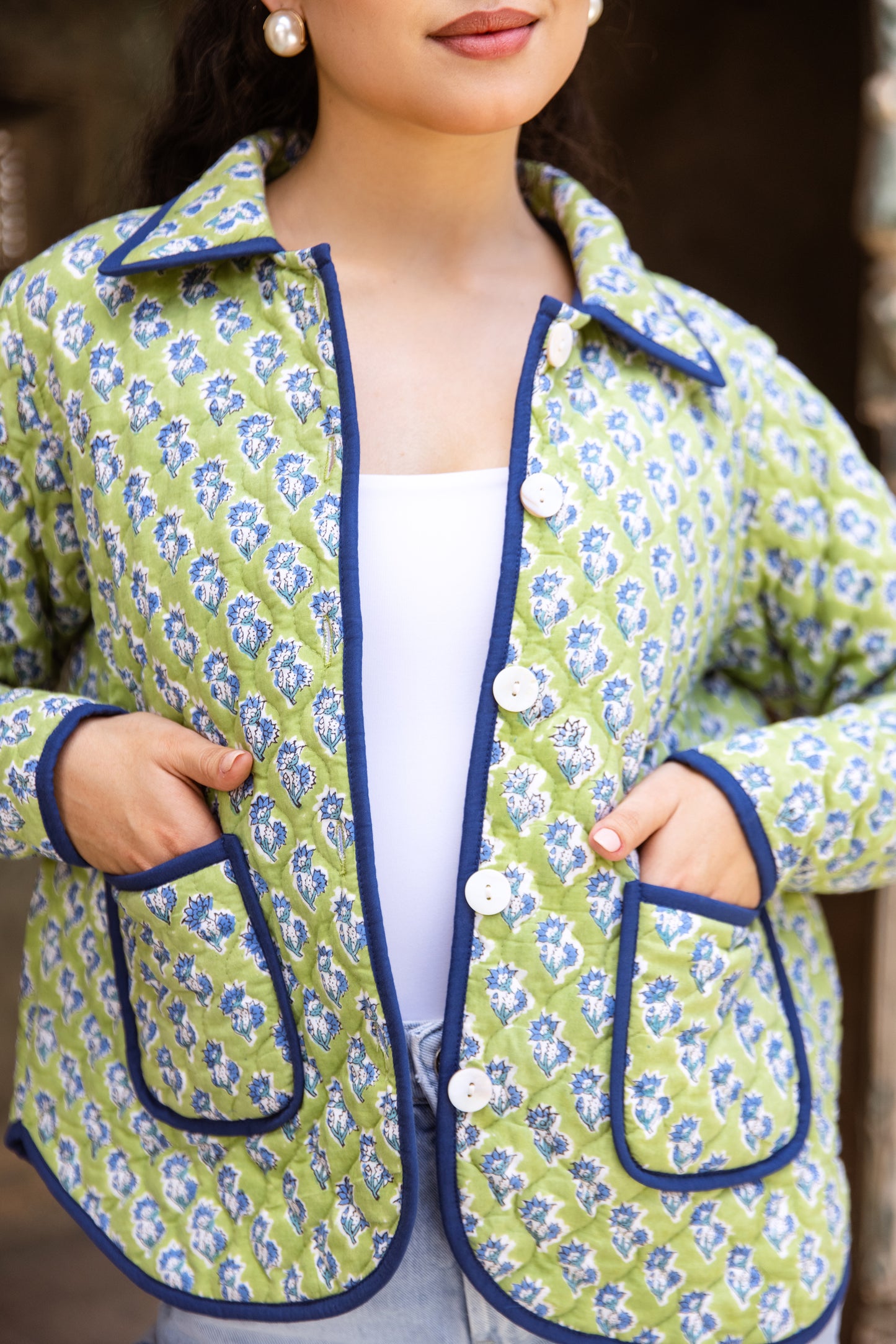 QUILTED COTTON BOMBER JACKET - APPLE GREEN