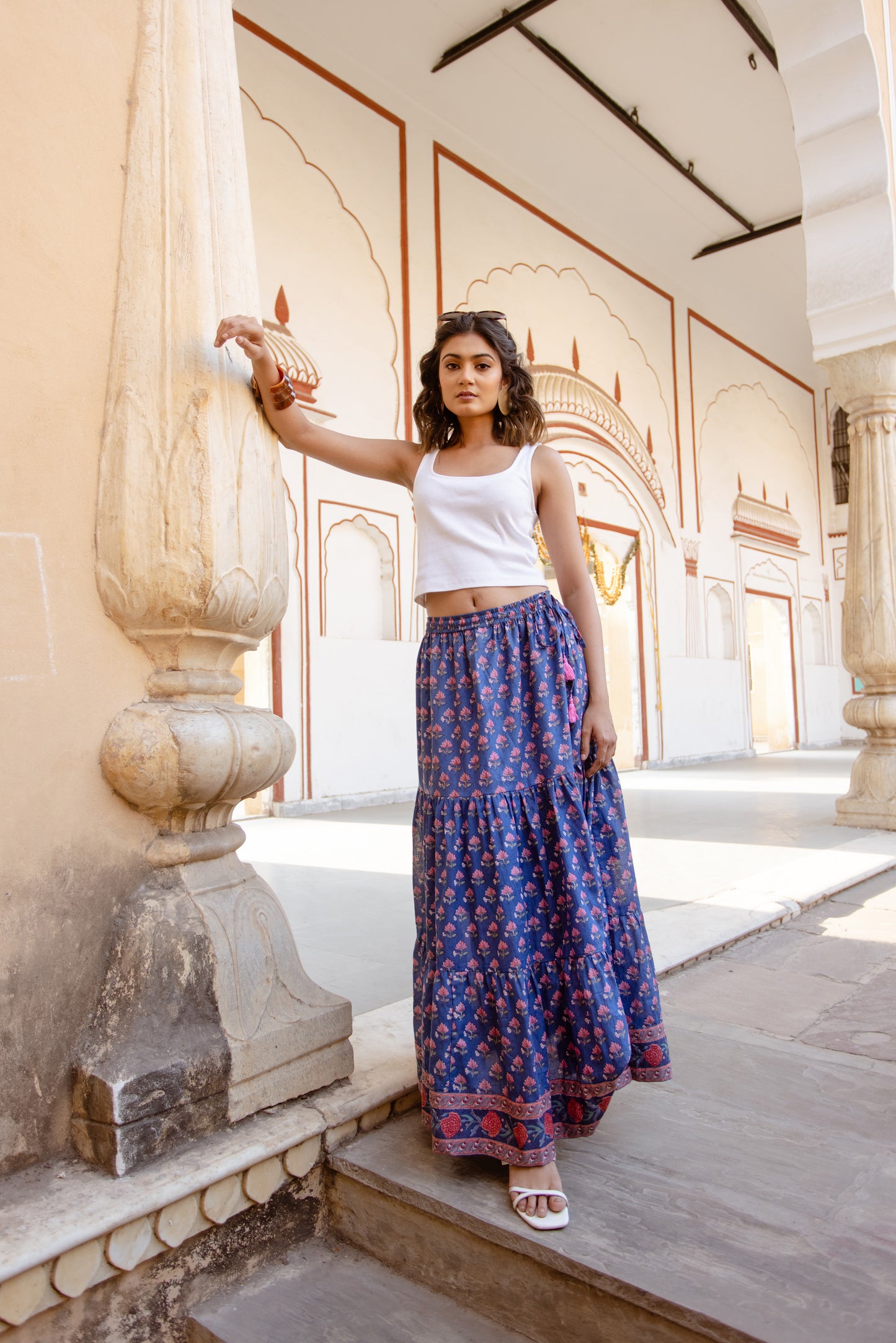 LARA BLOCK PRINT COTTON SKIRT IN JODHPUR BLUE