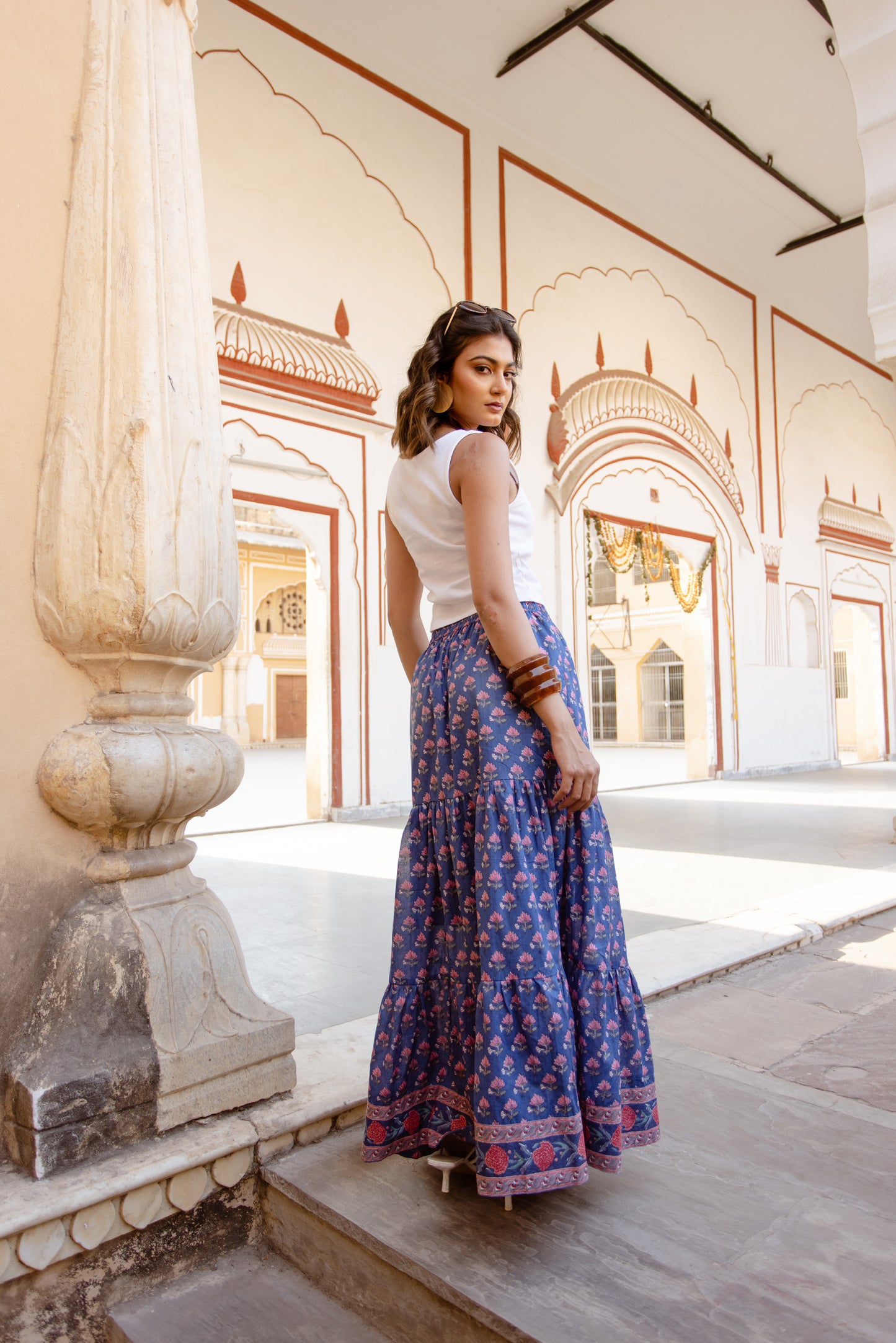 LARA BLOCK PRINT COTTON SKIRT IN JODHPUR BLUE