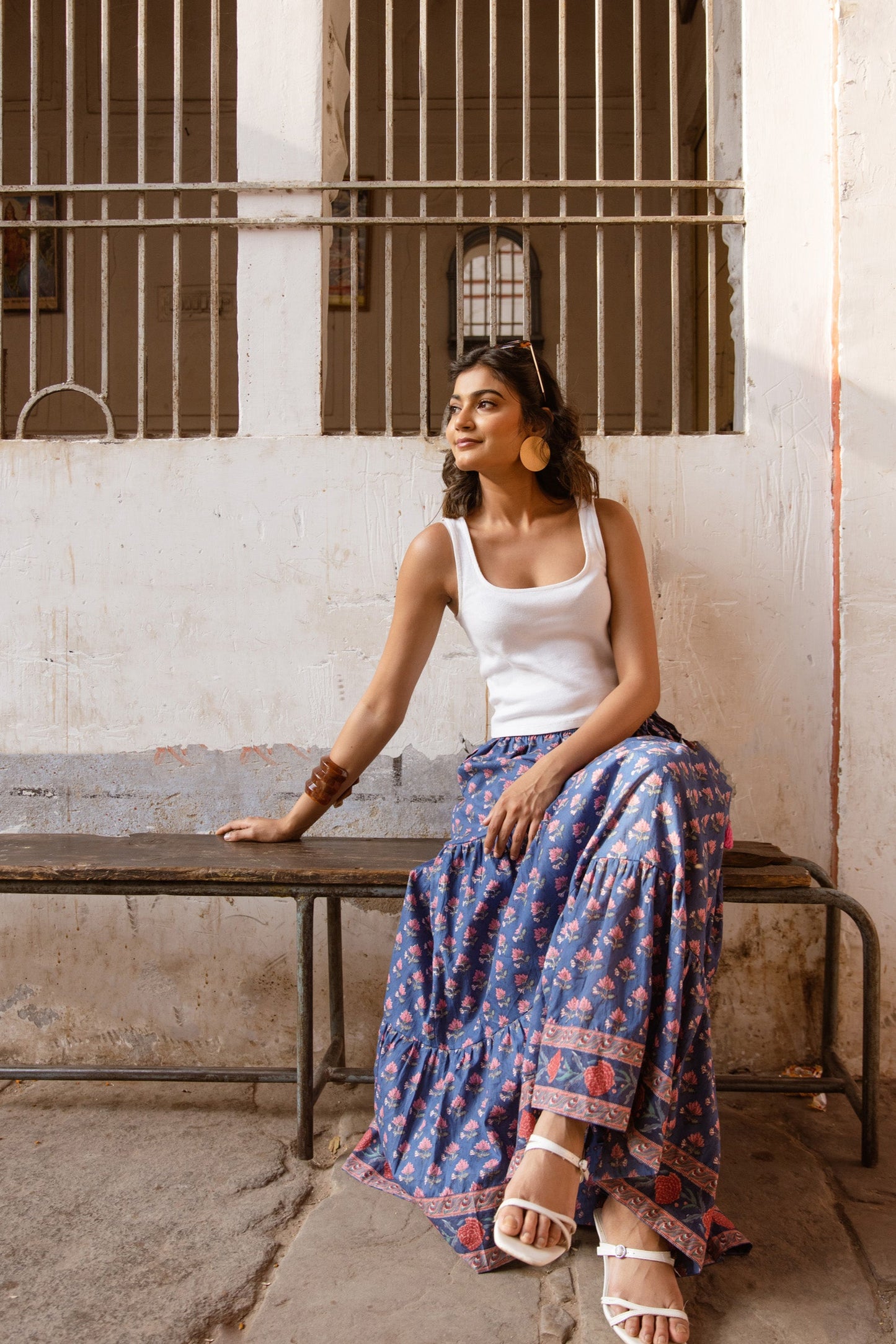 LARA BLOCK PRINT COTTON SKIRT IN JODHPUR BLUE