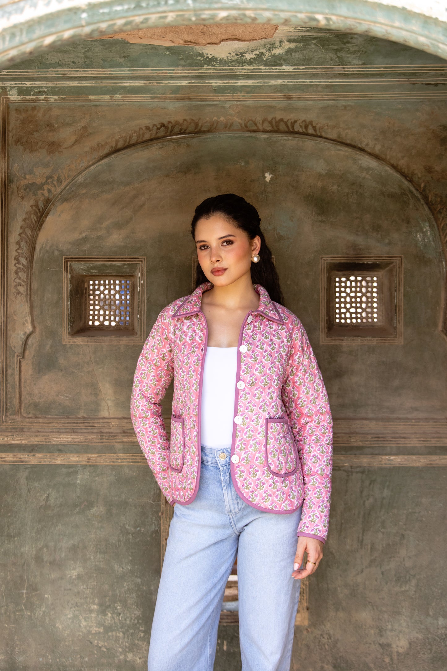 QUILTED COTTON BOMBER JACKET - BERRY PINK