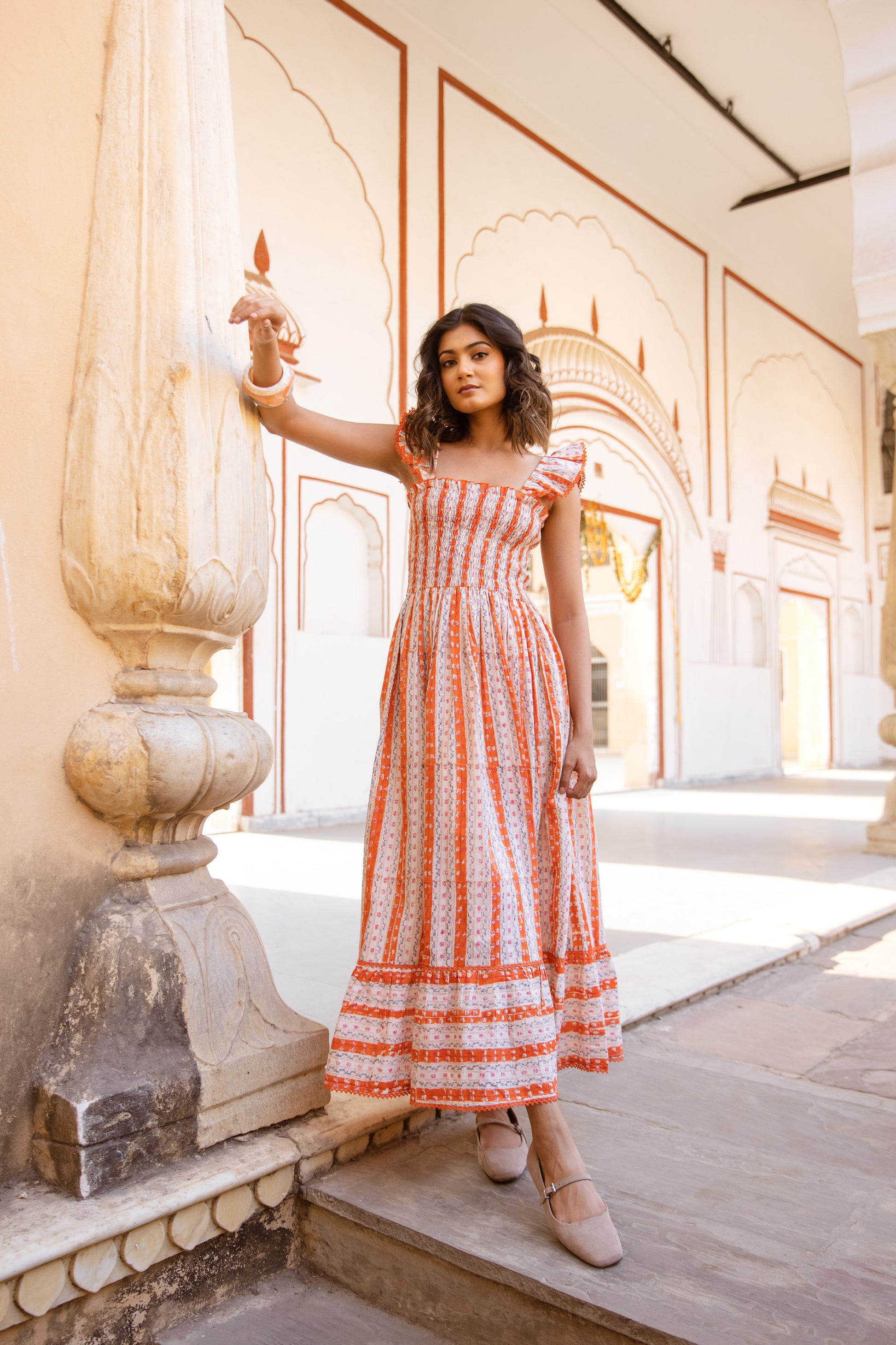 SIENNA SMOCKED MIDI DRESS IN ORANGE BLOSSOM