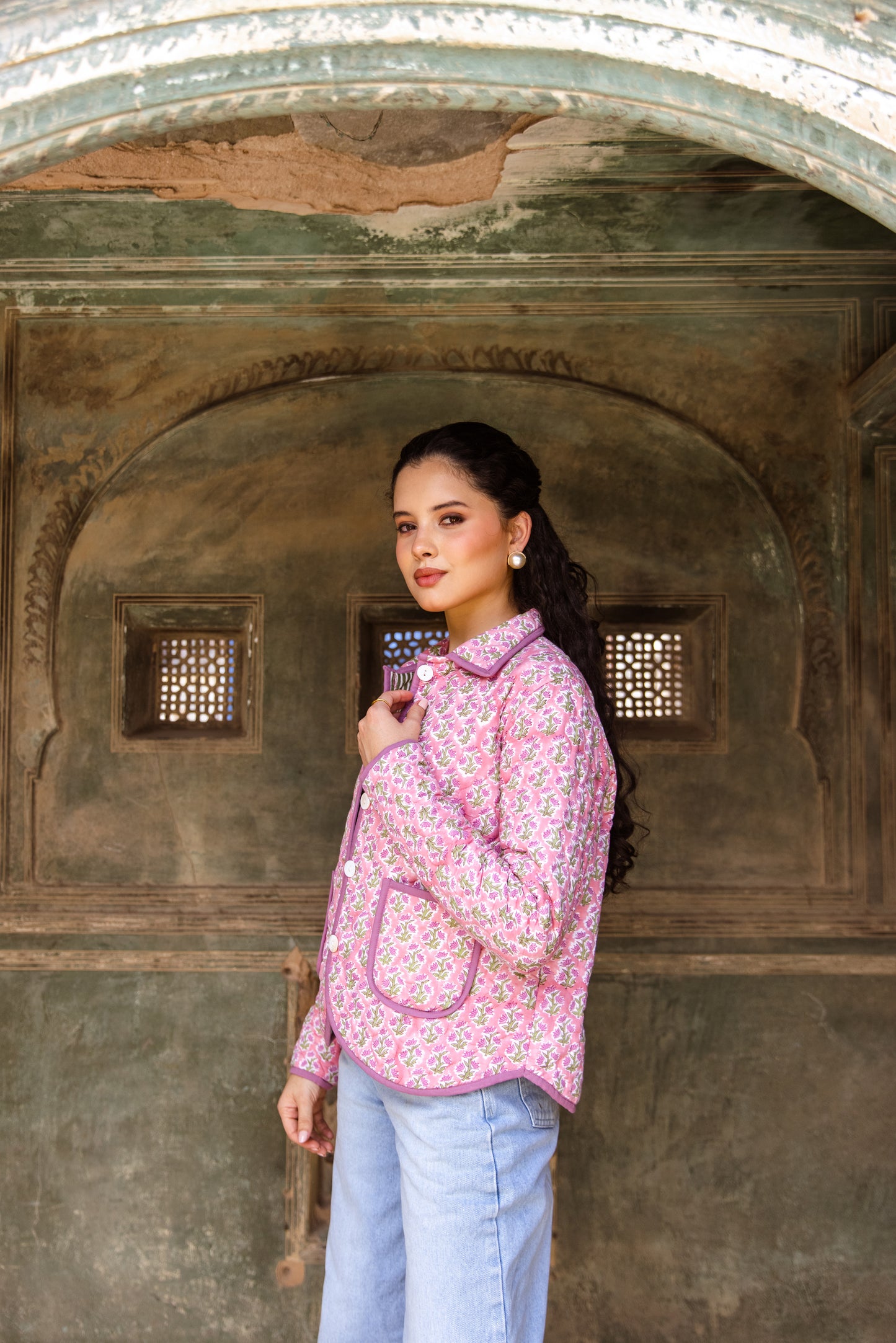 QUILTED COTTON BOMBER JACKET - BERRY PINK