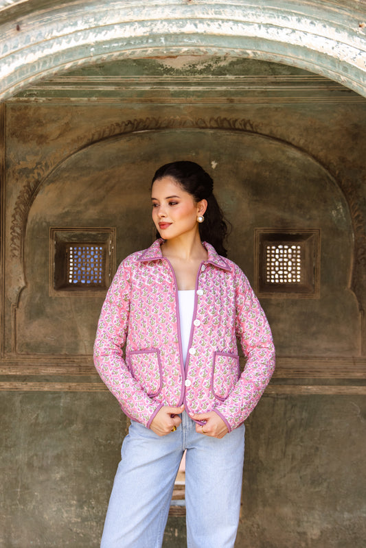 QUILTED COTTON BOMBER JACKET - BERRY PINK