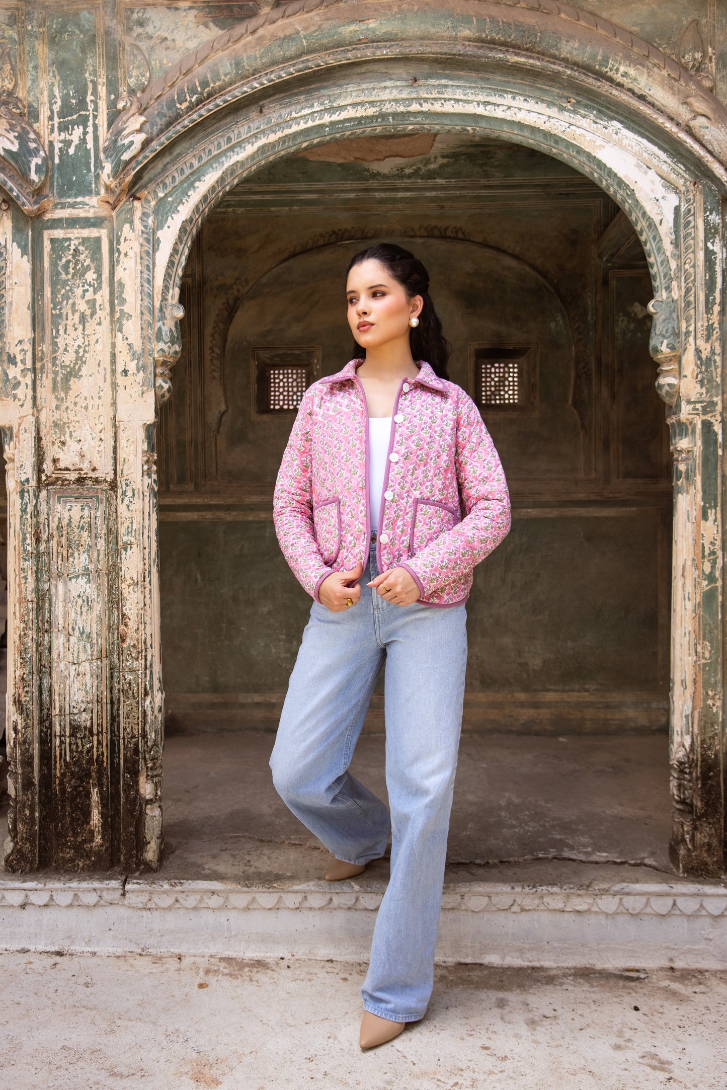 QUILTED COTTON BOMBER JACKET - BERRY PINK