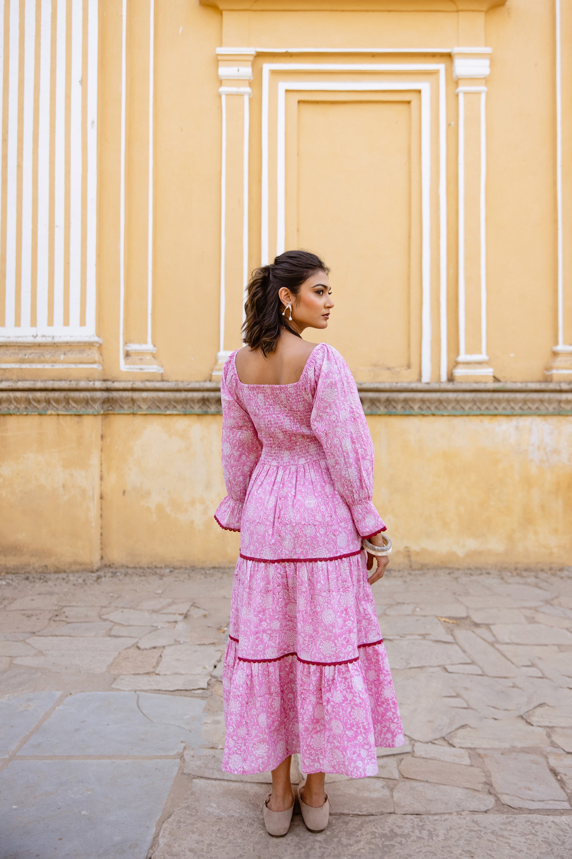 ELLIE SMOCKED MIDI DRESS IN ROSE PINK | Rooh London ELLIE SMOCKED MIDI DRESS IN ROSE PINK | Rooh London