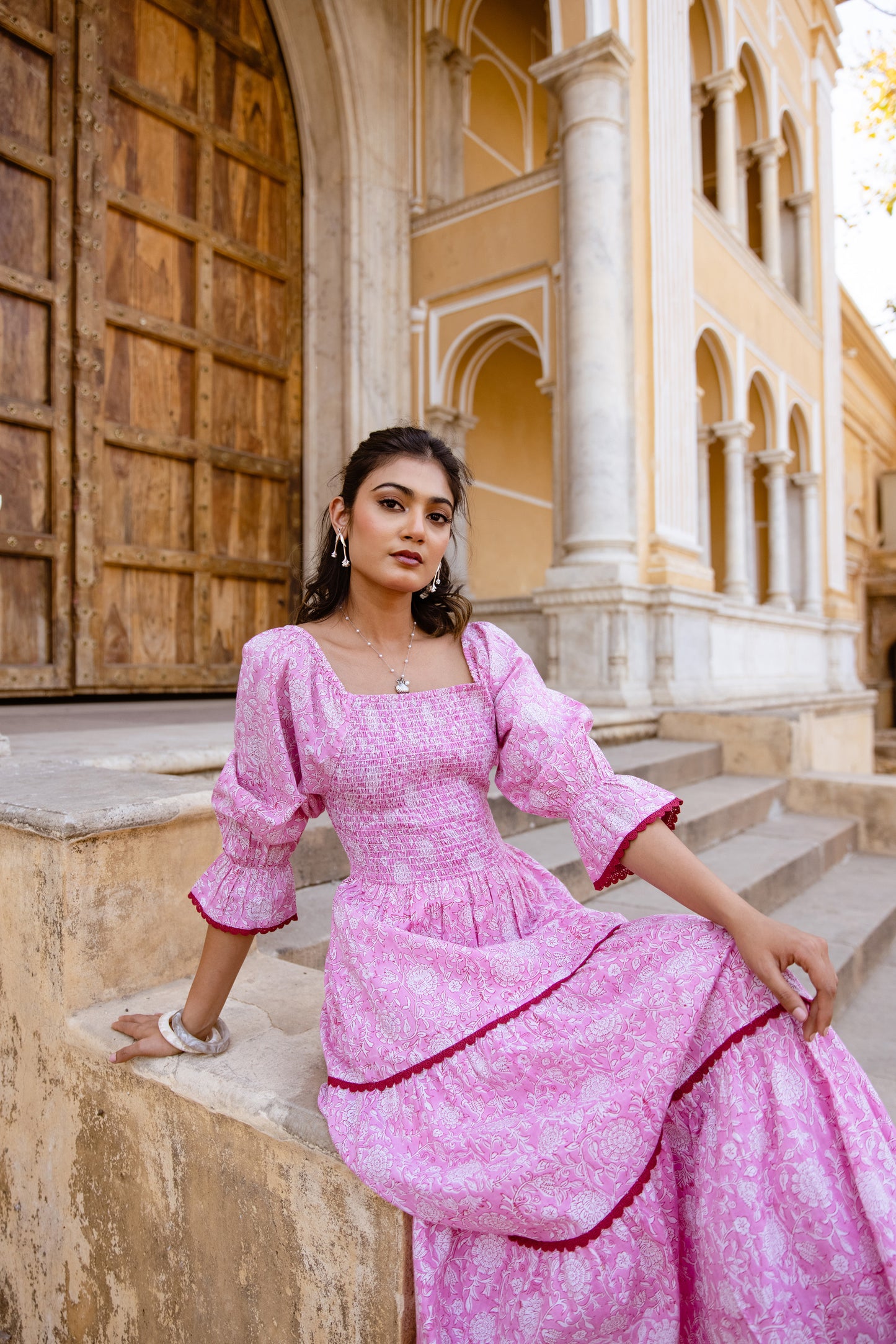 ELLIE SMOCKED MIDI DRESS IN ROSE PINK | Rooh London ELLIE SMOCKED MIDI DRESS IN ROSE PINK | Rooh London