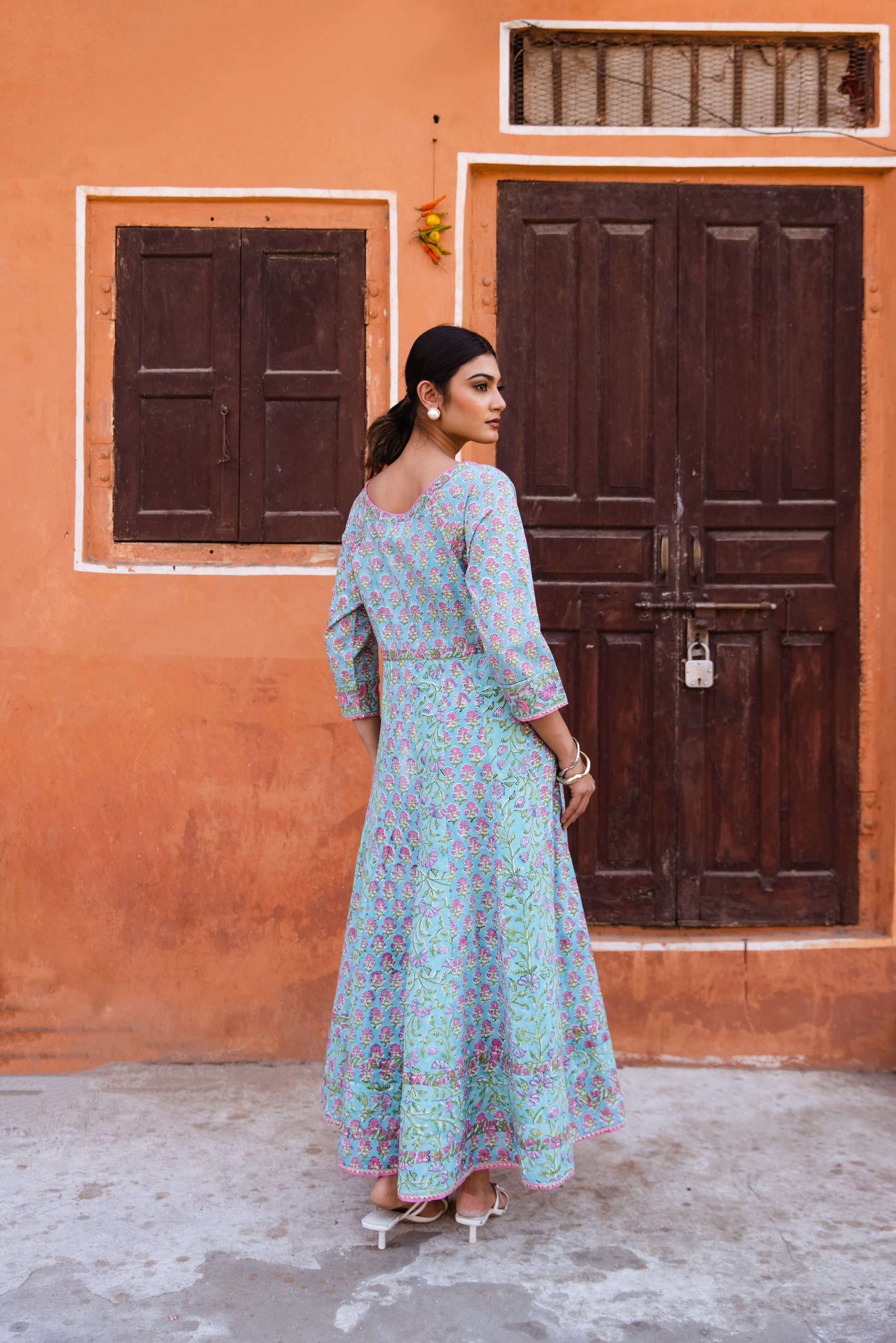 jaipur cotton dress for women Purple Floral Hand Block Print Cotton Midi Dress, Long Sleeve Boho Tiered Gown, Jaipur Artisanal Summer Dress, Lilac Cotton Dress